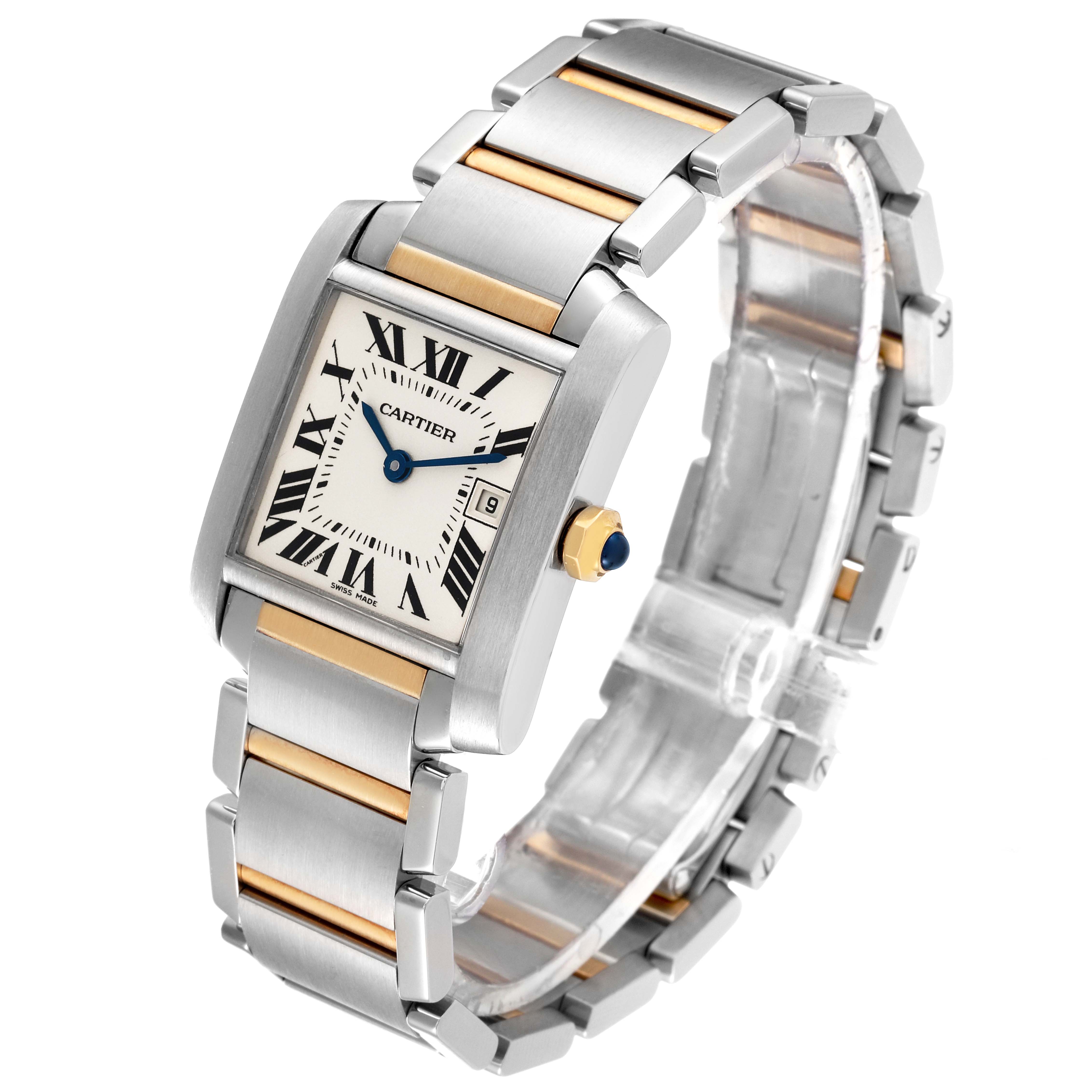 This image shows a Cartier Tank Francaise W51012Q4 Women's Steel and Gold (two tone) Silver Dial W51012Q4 Women's Steel and Gold (two tone) Silver Dial watch at a three-quarter angle, highlighting its face, bracelet, and crown.
