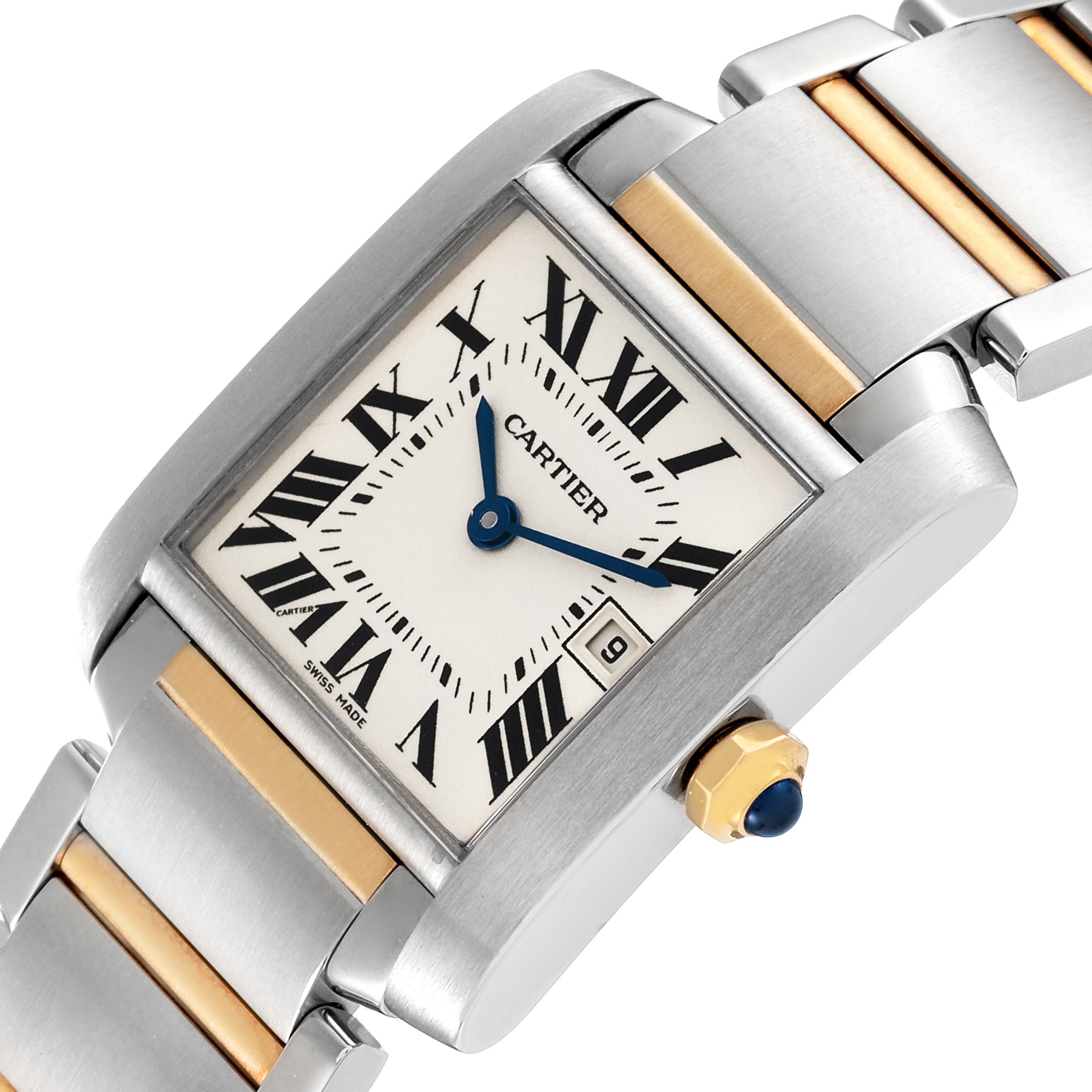 The image shows a Cartier Tank Francaise W51012Q4 Women's Steel and Gold (two tone) Silver Dial W51012Q4 Women's Steel and Gold (two tone) Silver Dial watch at an angle, highlighting its Roman numeral dial, blue hands, and two-tone bracelet.