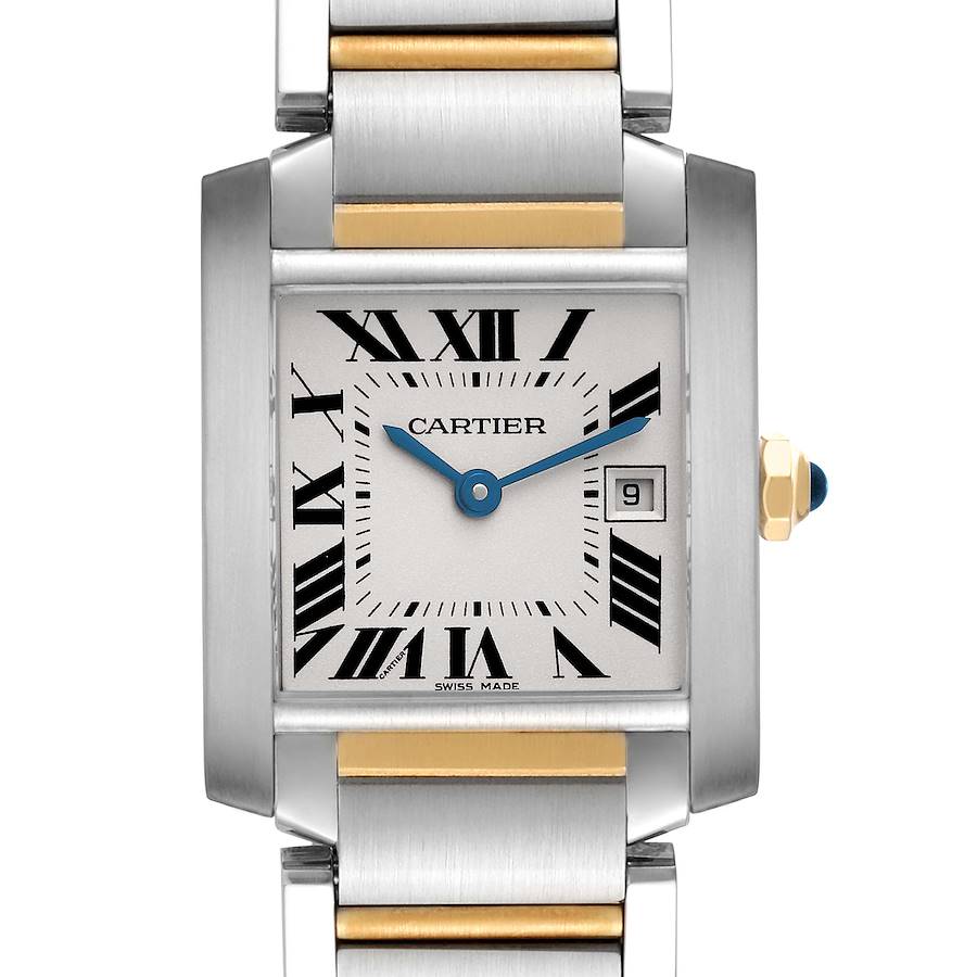 The Cartier Tank Francaise watch is shown from the front, featuring its face, Roman numerals, hands, date window, and part of the bracelet.