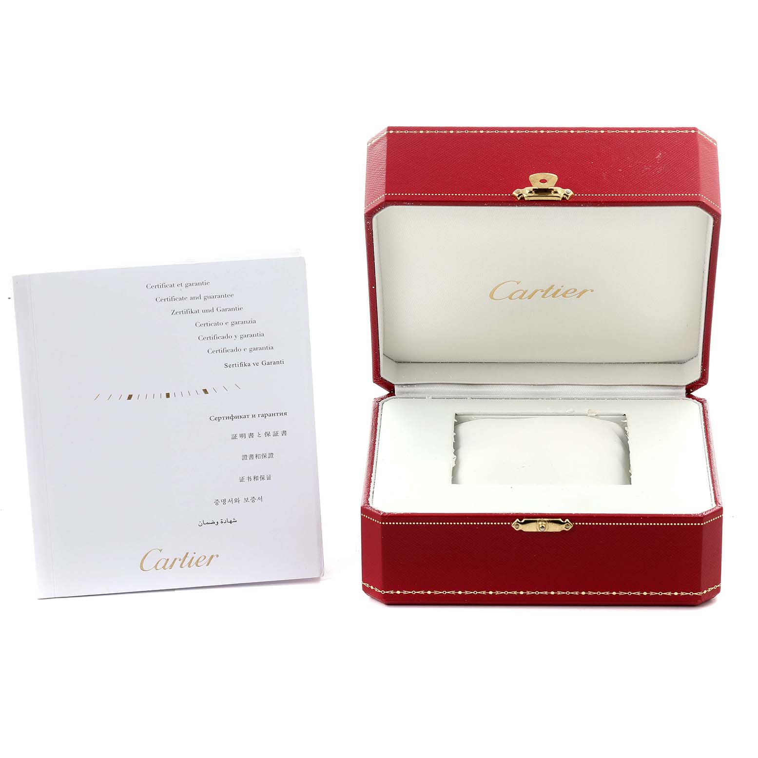 The image shows an open Cartier Tank Francaise W51012Q4 Women's Steel and Gold (two tone) Silver Dial W51012Q4 Women's Steel and Gold (two tone) Silver Dial watch box alongside its certificate booklet.