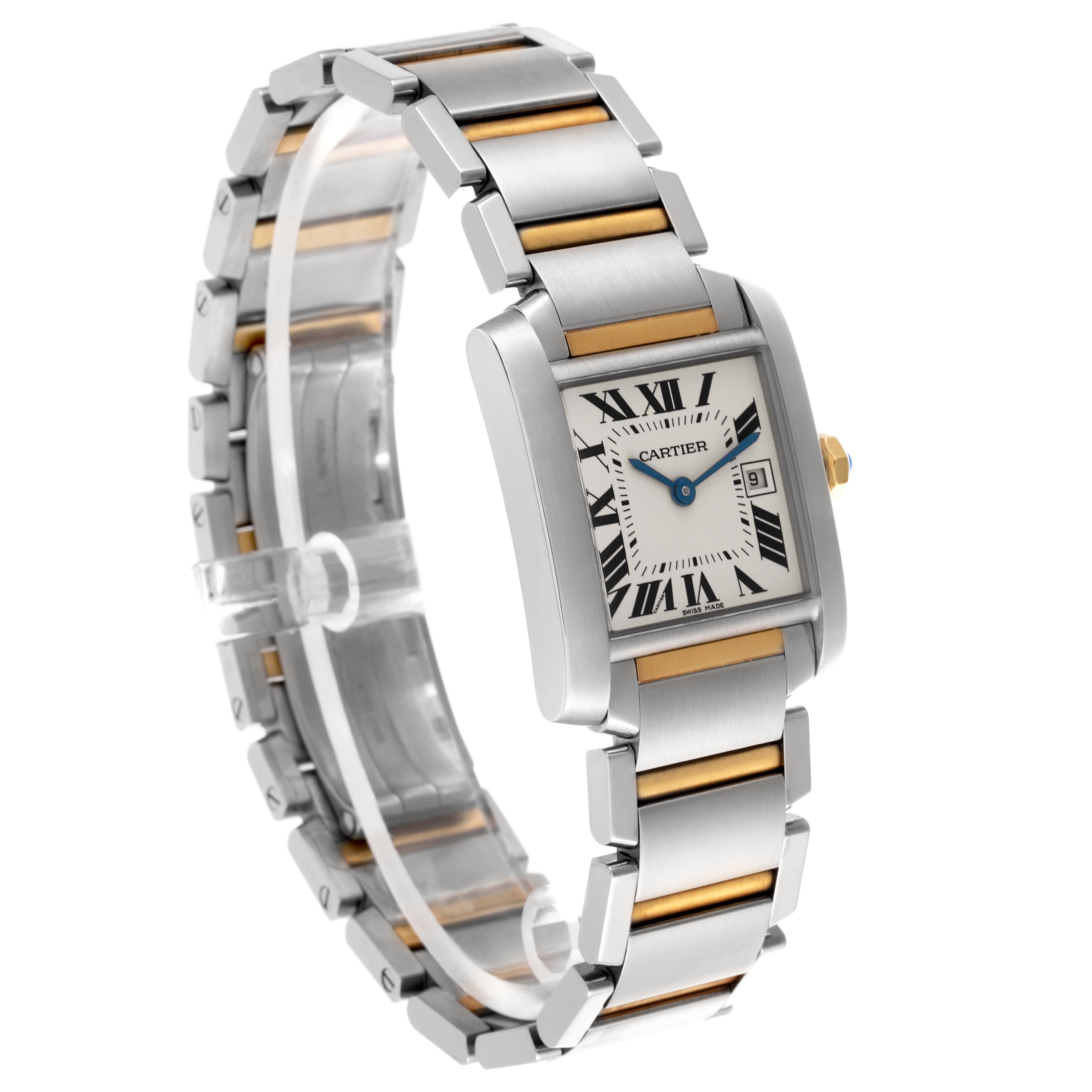 The Cartier Tank Française watch is shown at a three-quarter angle, displaying its face, bracelet, and side profile.