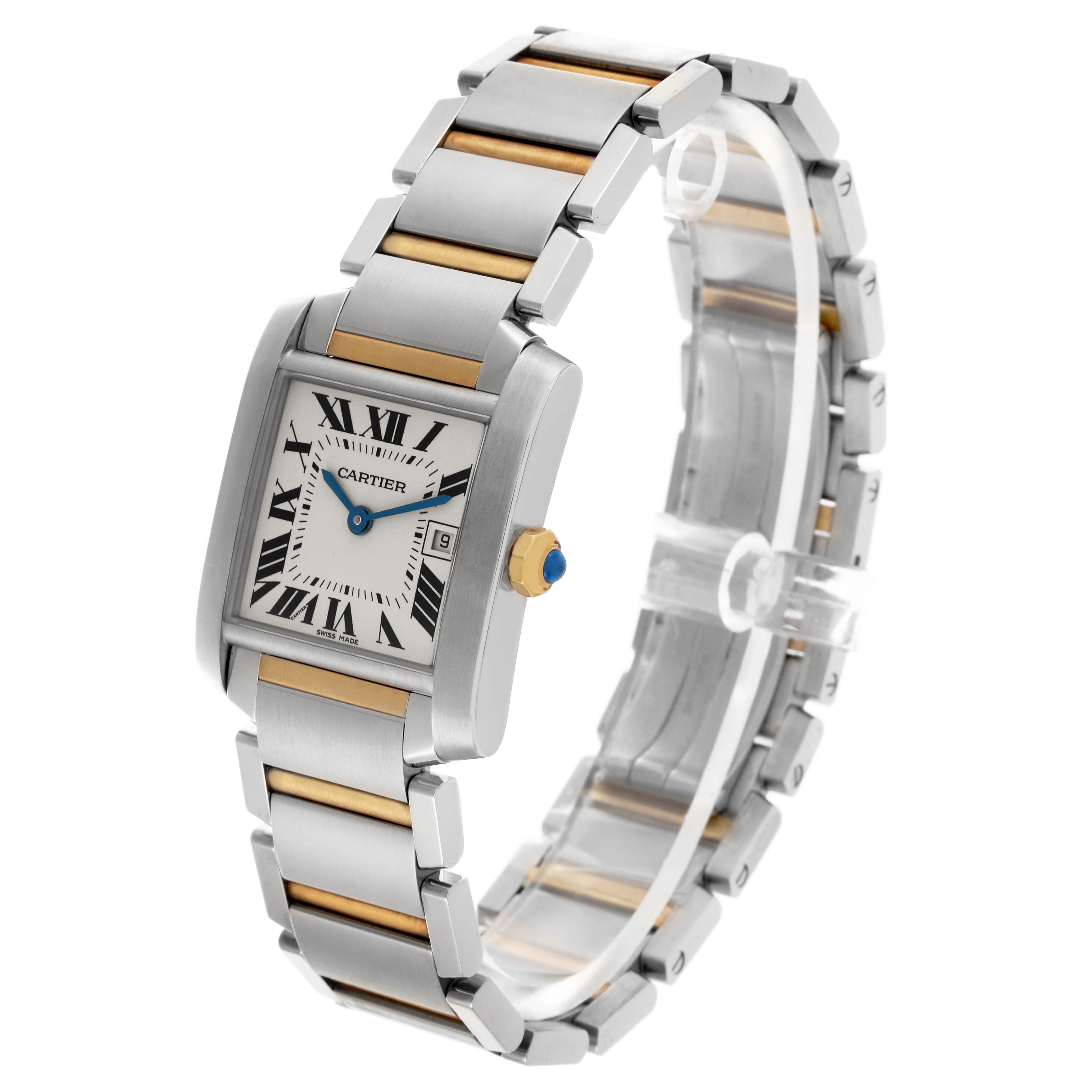 The Cartier Tank Française watch is shown at a three-quarter angle, highlighting the face, crown, and metal bracelet.