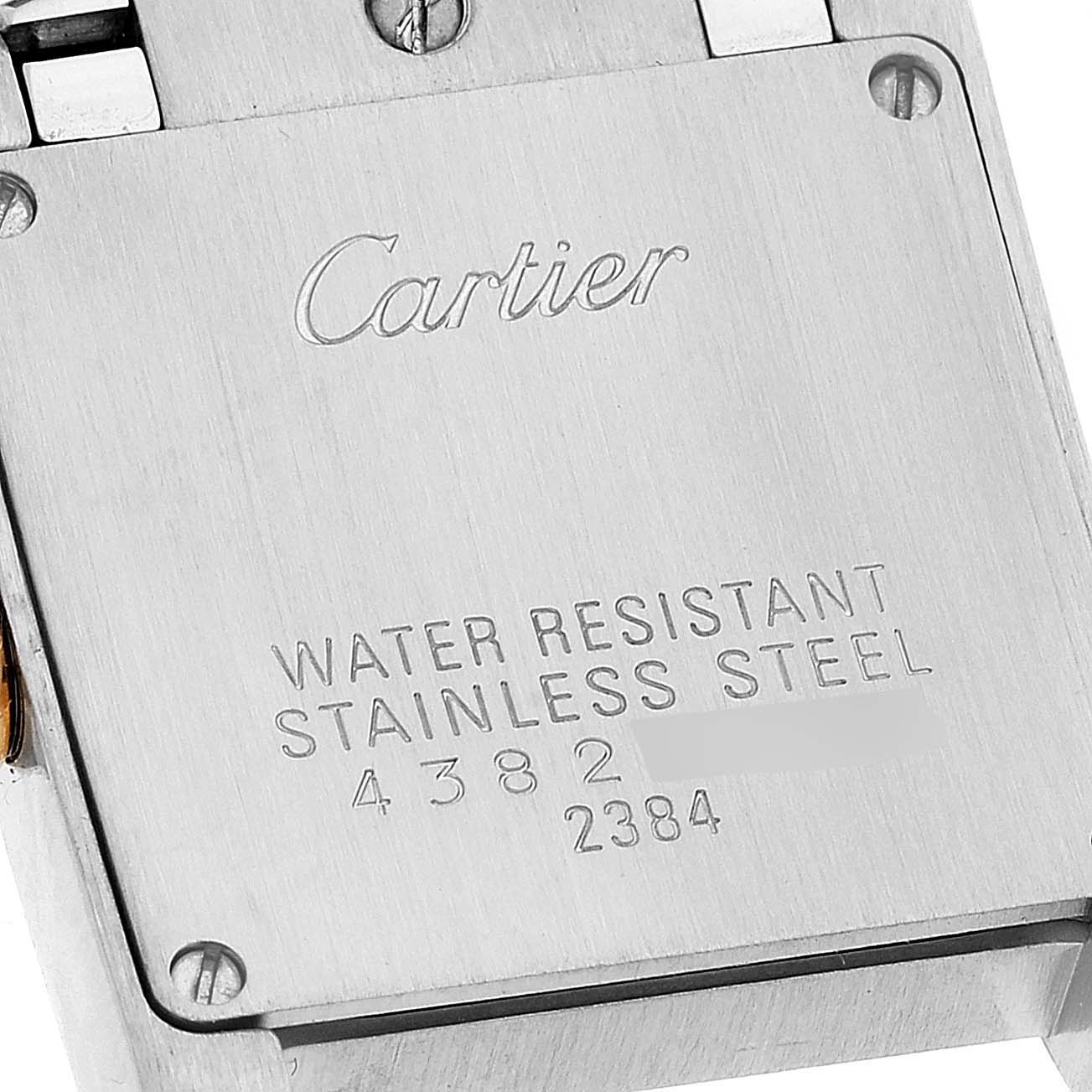 This image shows the back cover of the Tank Francaise watch by Cartier, highlighting its engraving and water resistance details.