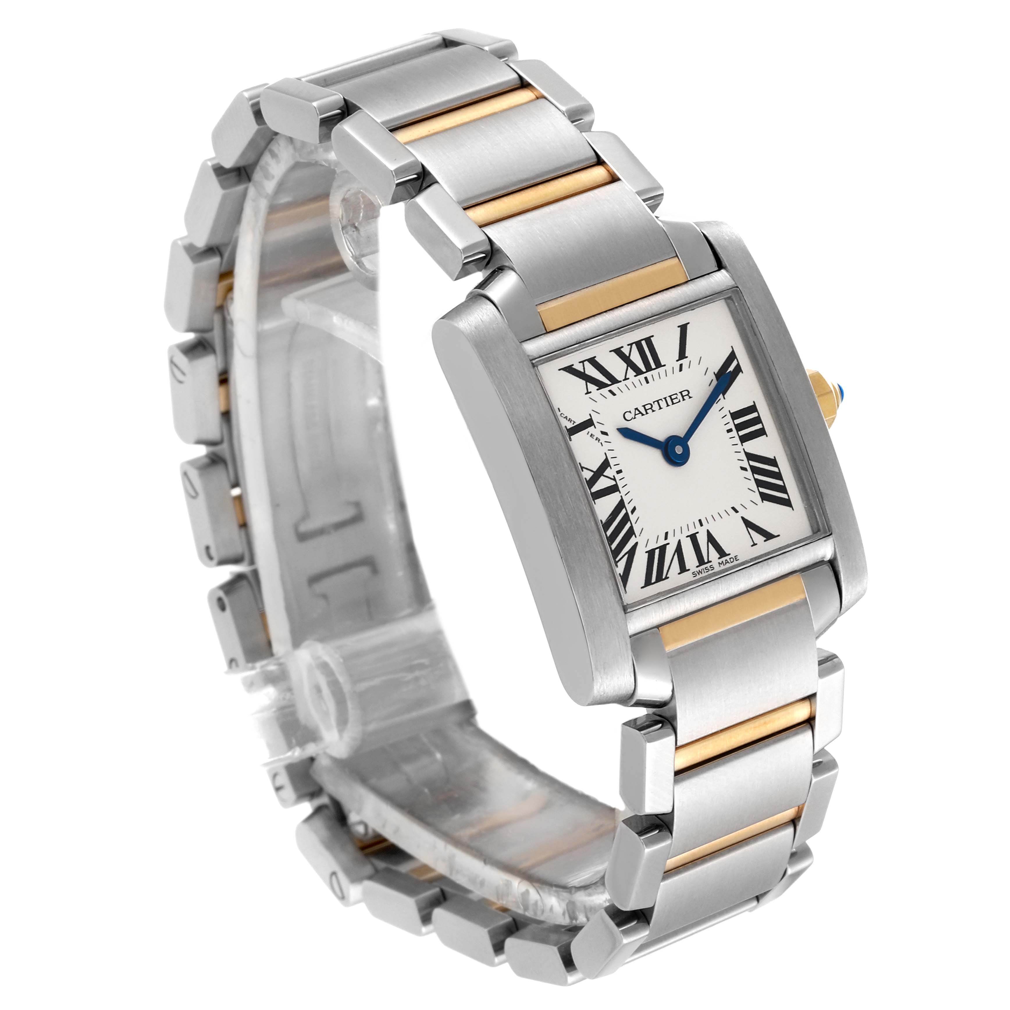 This Tank Francaise model by Cartier is shown at a three-quarter angle, highlighting the face, bezel, and bracelet.