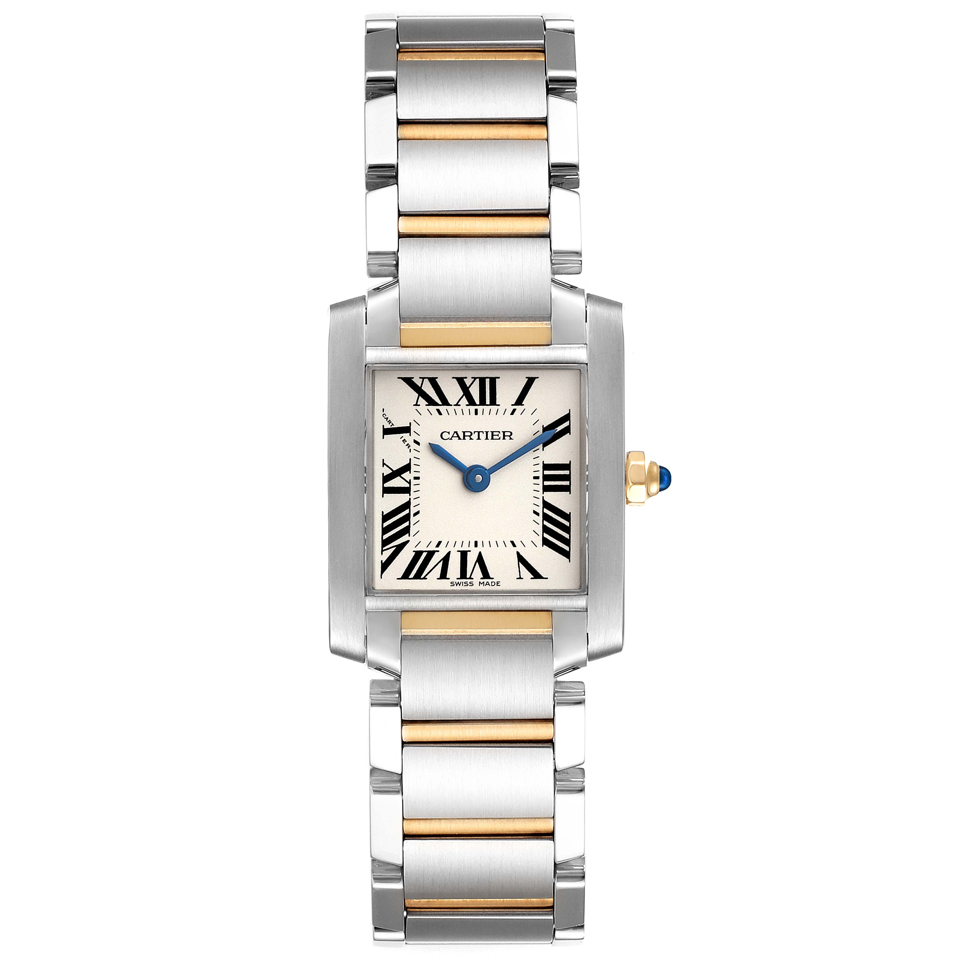 The image shows a front view of a Cartier Tank Francaise W51007Q4 Women's Steel and Gold (two tone) Silver Dial W51007Q4 Women's Steel and Gold (two tone) Silver Dial watch, with a two-tone bracelet and Roman numeral dial.