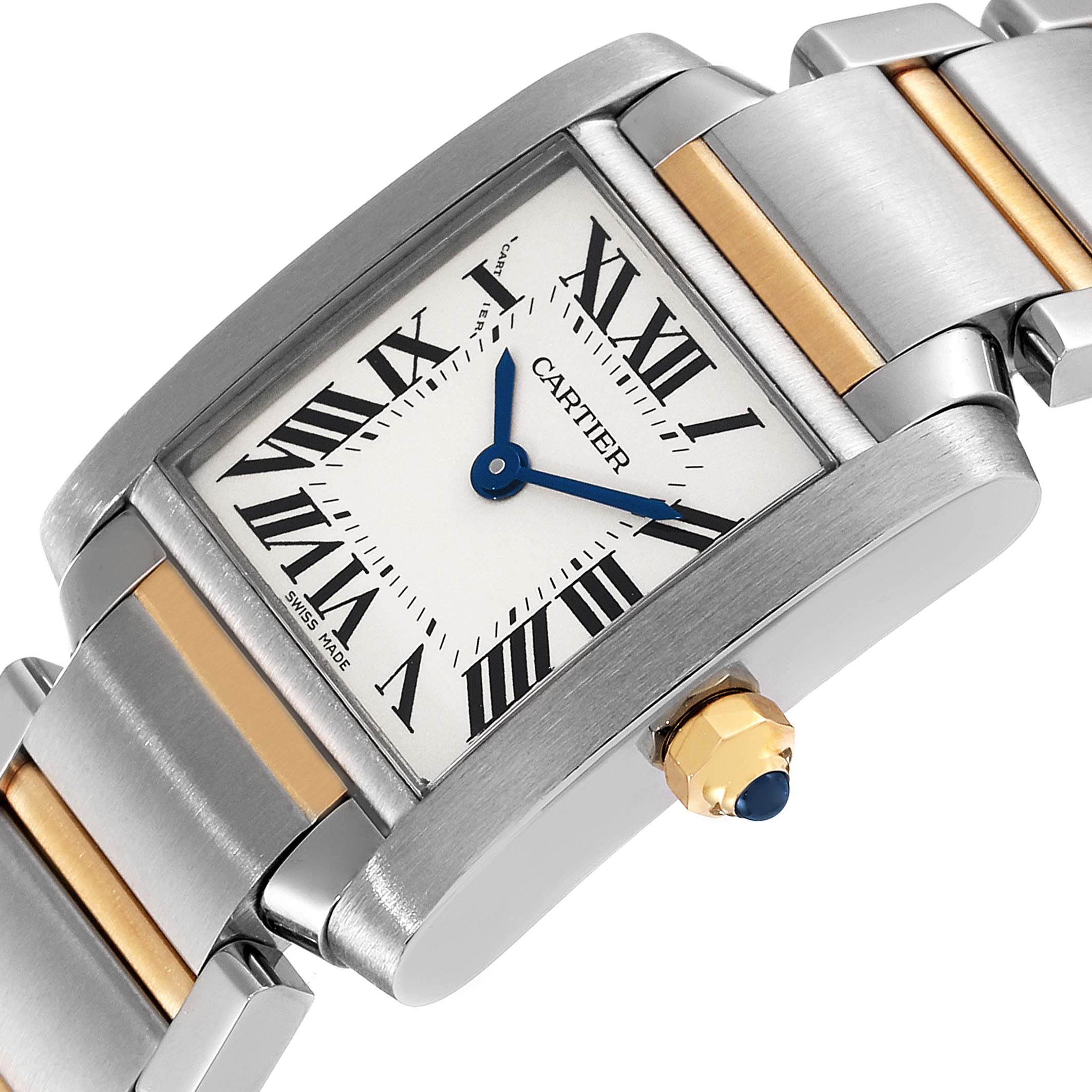 The image shows a Cartier Tank Francaise W51007Q4 Women's Steel and Gold (two tone) Silver Dial W51007Q4 Women's Steel and Gold (two tone) Silver Dial watch, highlighting its dial, Roman numerals, bracelet, and crown with a blue gem from an angled side view.