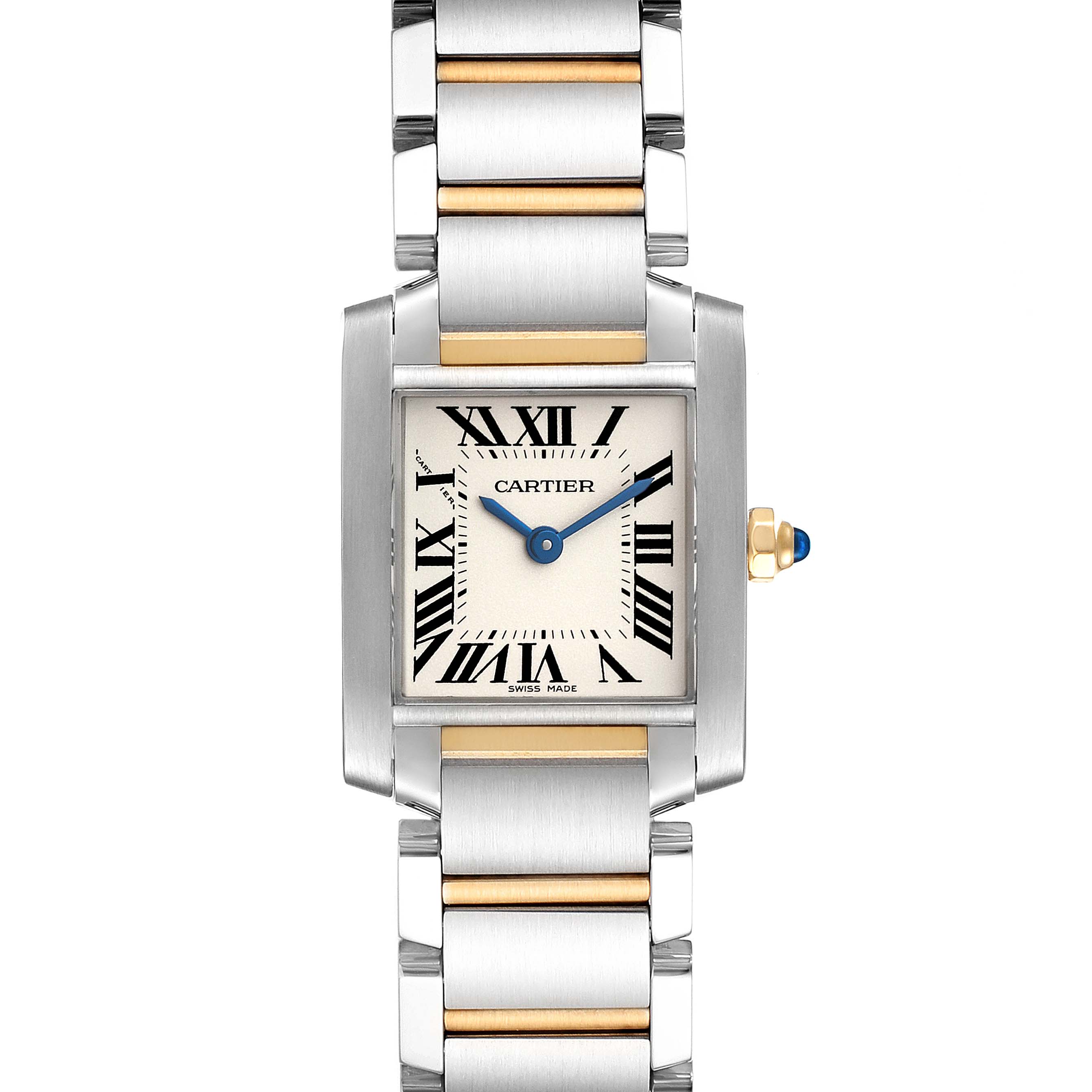 The image shows a front view of the Cartier Tank Francaise W51007Q4 Women's Steel and Gold (two tone) Silver Dial W51007Q4 Women's Steel and Gold (two tone) Silver Dial watch displaying its dial, case, and bracelet.