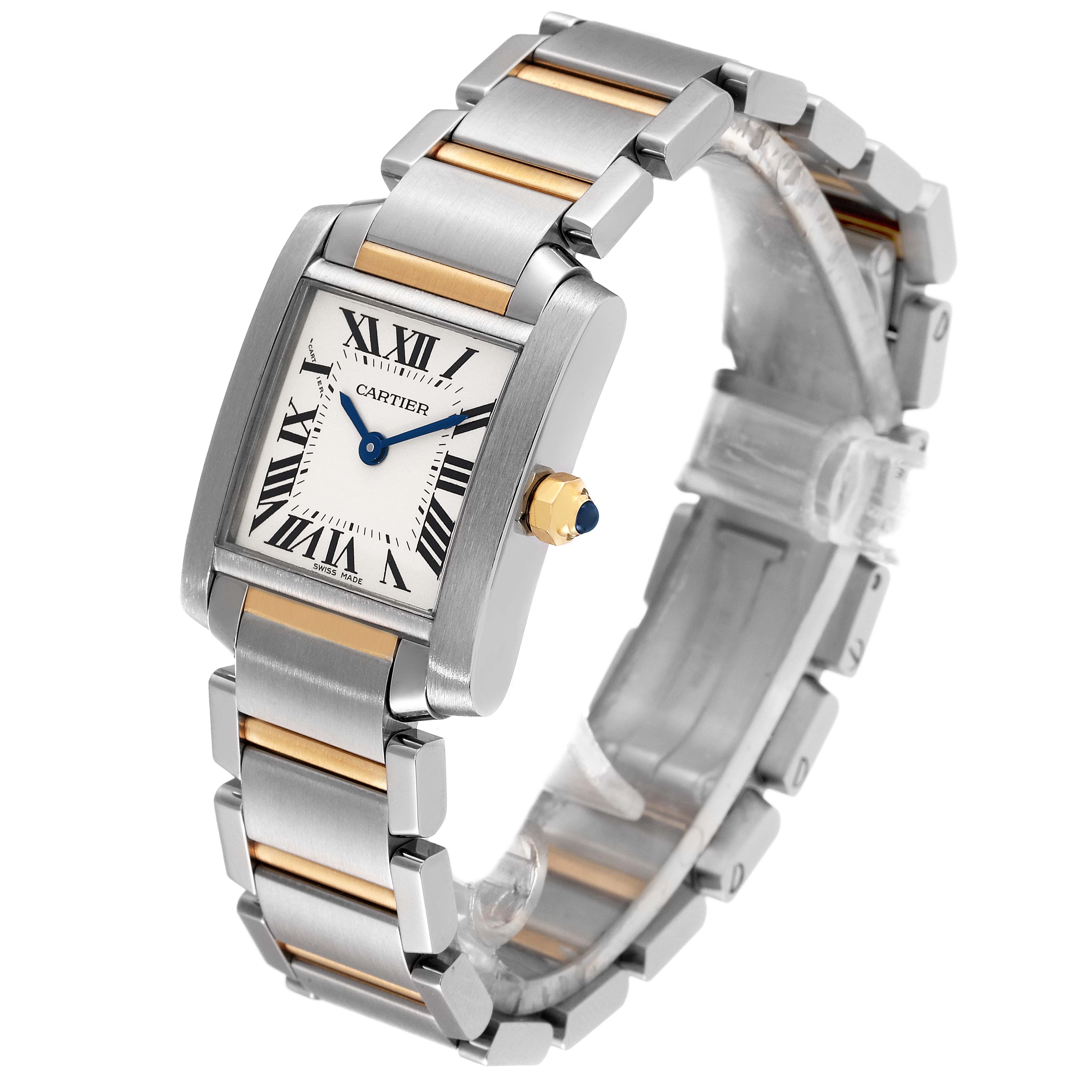 The image shows a Cartier Tank Francaise W51007Q4 Women's Steel and Gold (two tone) Silver Dial W51007Q4 Women's Steel and Gold (two tone) Silver Dial watch at a three-quarter angle, highlighting its rectangular face and two-tone bracelet.