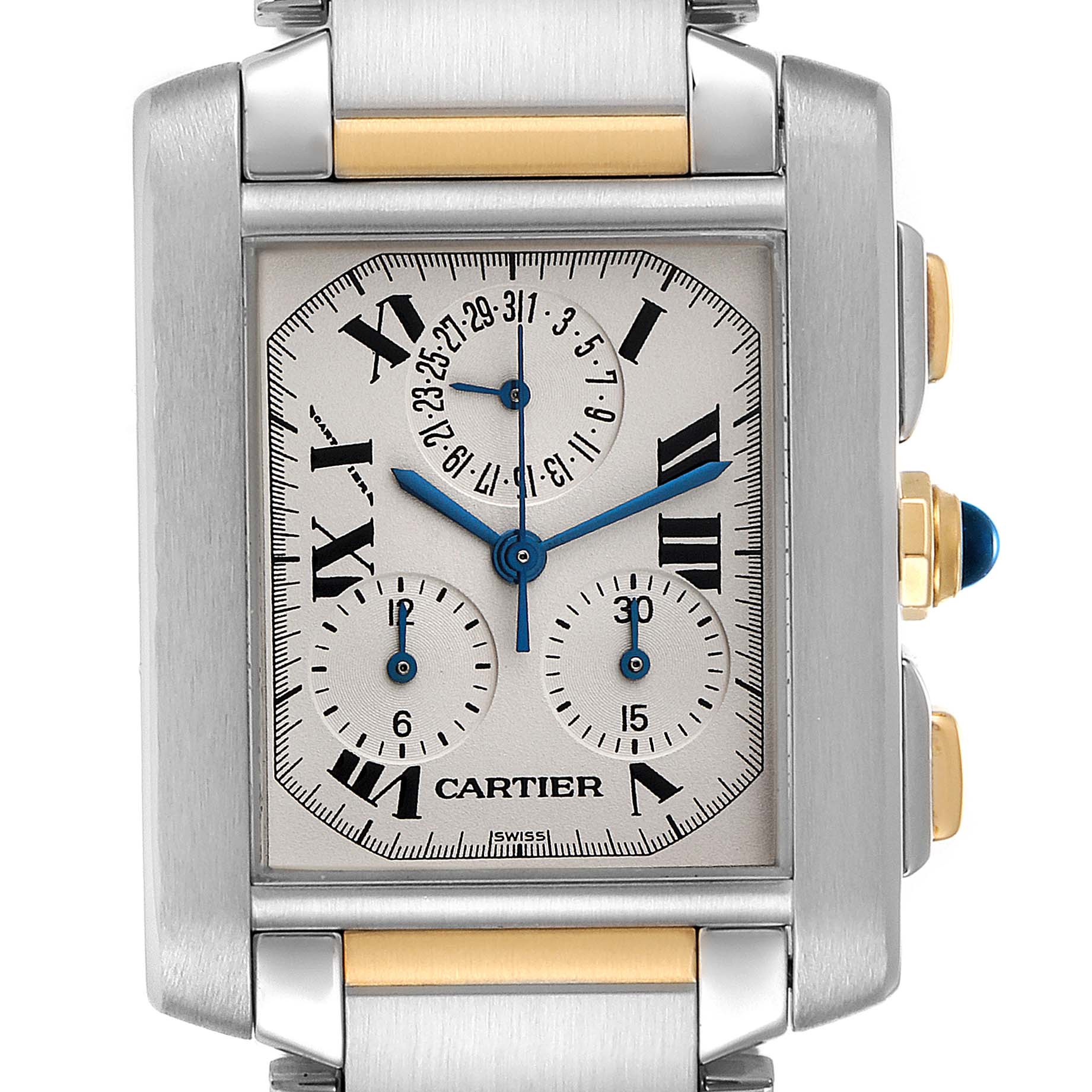 The image shows a close-up, front-facing view of a Cartier Tank Francaise W51004Q4 Men's Steel and Gold (two tone) Silver Dial W51004Q4 Men's Steel and Gold (two tone) Silver Dial watch, highlighting its dials and rectangular case.