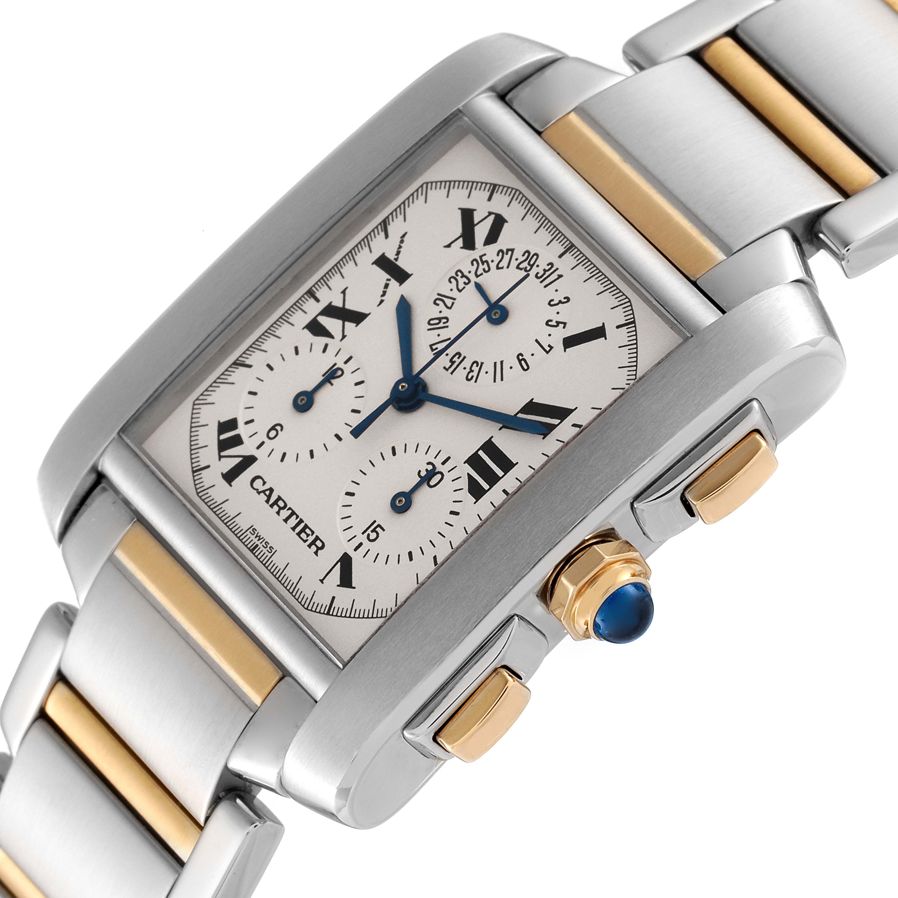 The image shows a close-up of the Cartier Tank Francaise W51004Q4 Men's Steel and Gold (two tone) Silver Dial W51004Q4 Men's Steel and Gold (two tone) Silver Dial watch, highlighting its dial, bracelet, and crown details.