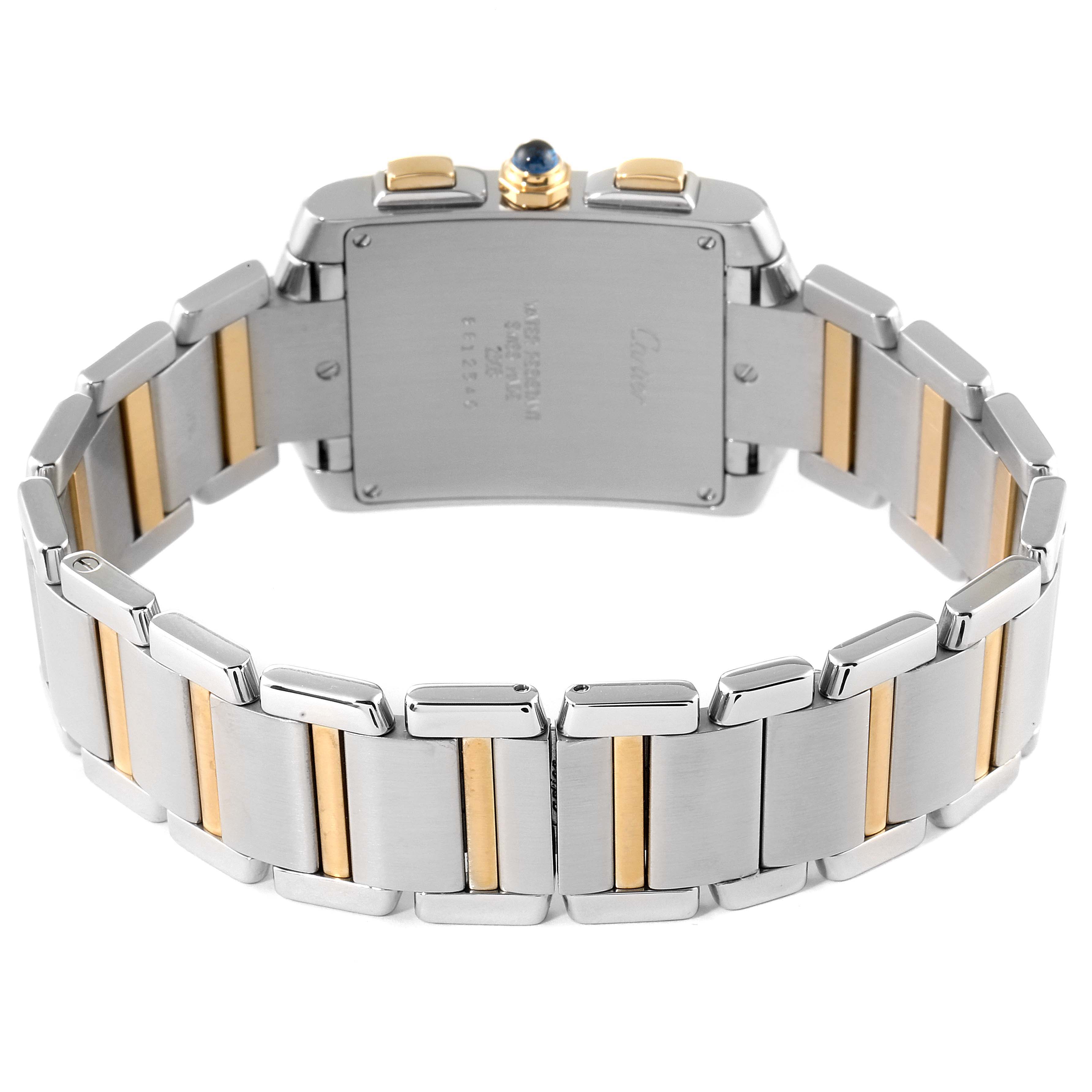 The image shows the back case and two-tone metal bracelet of the Cartier Tank Francaise W51004Q4 Men's Steel and Gold (two tone) Silver Dial W51004Q4 Men's Steel and Gold (two tone) Silver Dial watch.