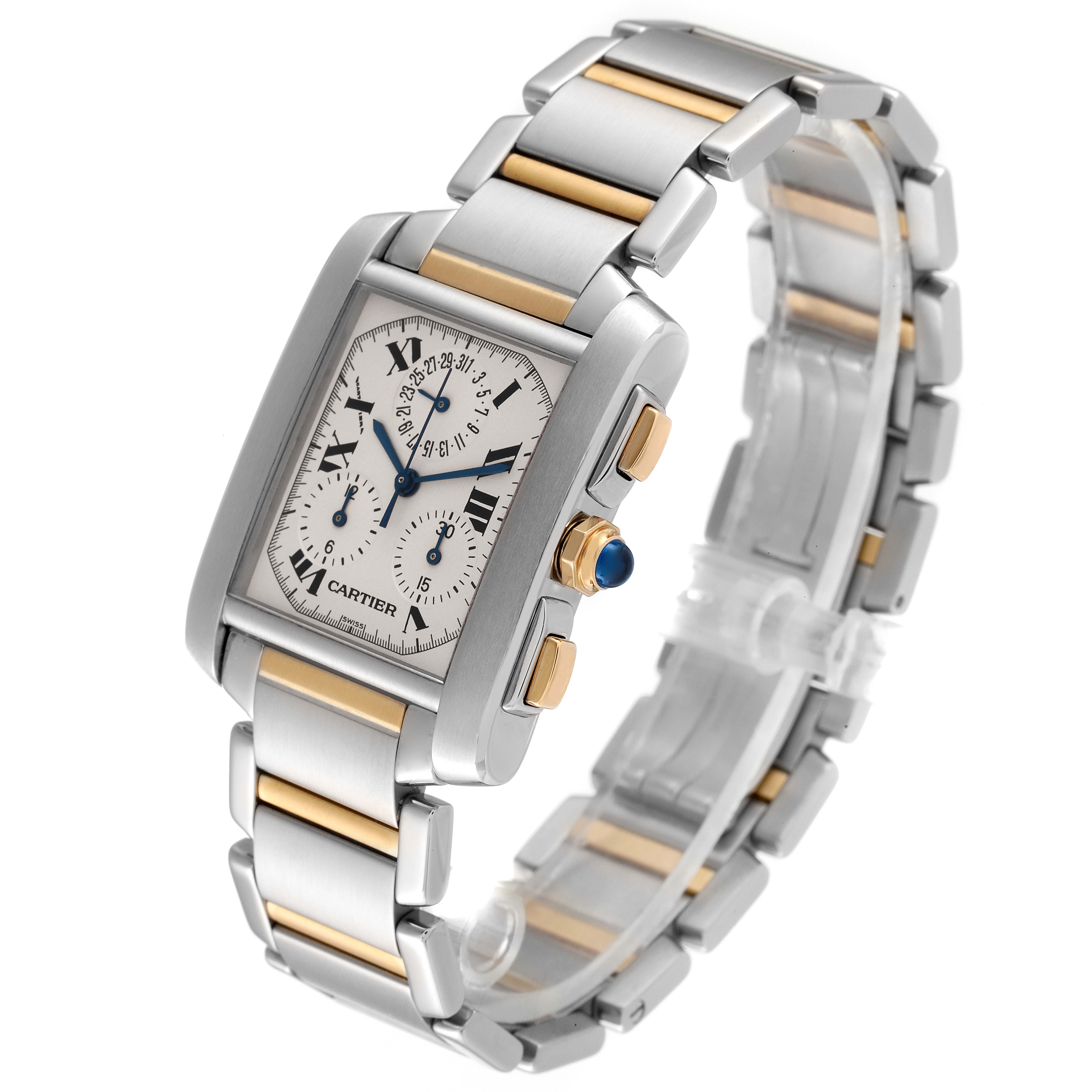 The image shows a Cartier Tank Francaise W51004Q4 Men's Steel and Gold (two tone) Silver Dial W51004Q4 Men's Steel and Gold (two tone) Silver Dial watch at an angled view, highlighting the face, crown, and two-tone bracelet.