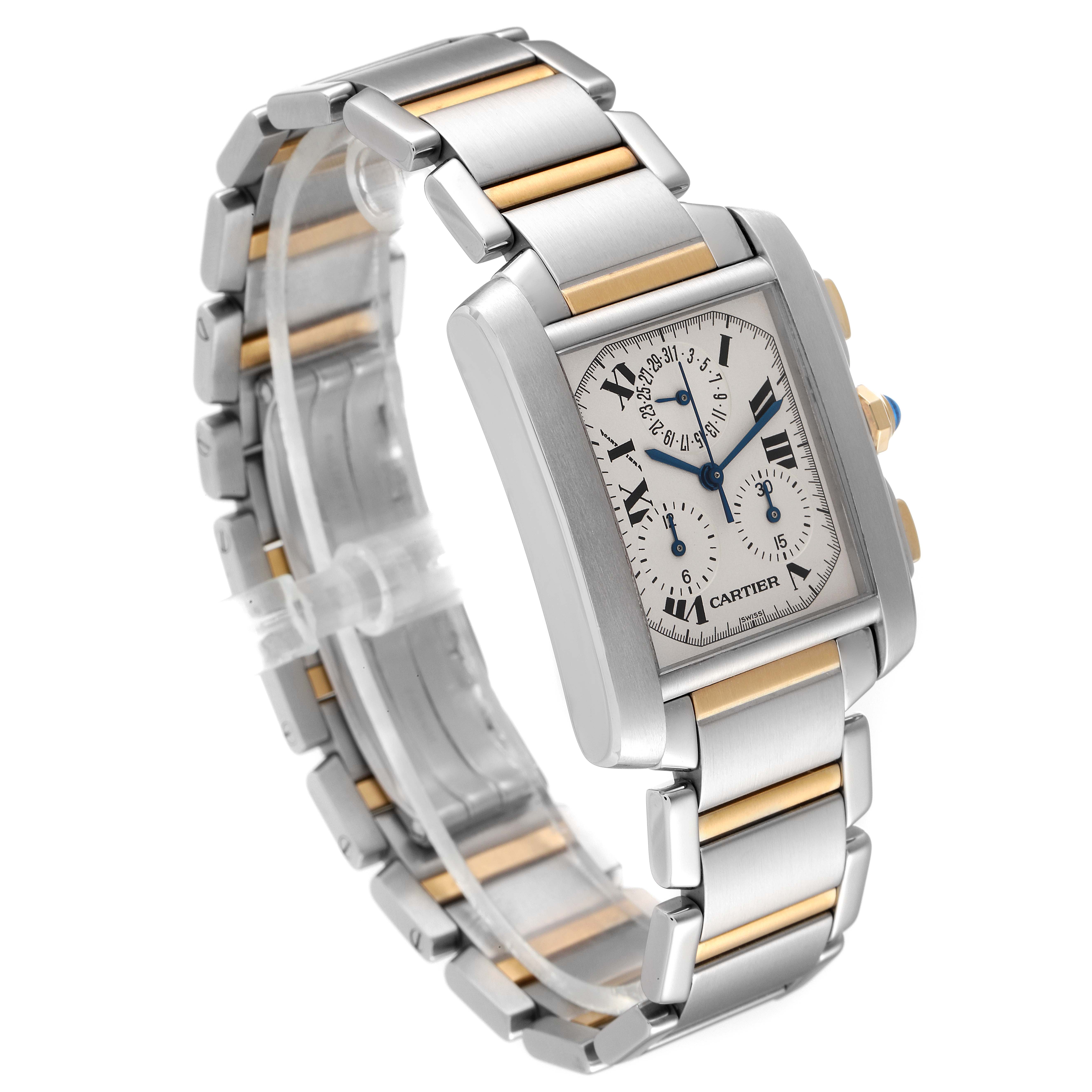 The Cartier Tank Francaise W51004Q4 Men's Steel and Gold (two tone) Silver Dial W51004Q4 Men's Steel and Gold (two tone) Silver Dial watch is shown at an angle displaying its face, bracelet, side buttons, and mix of stainless steel and gold.