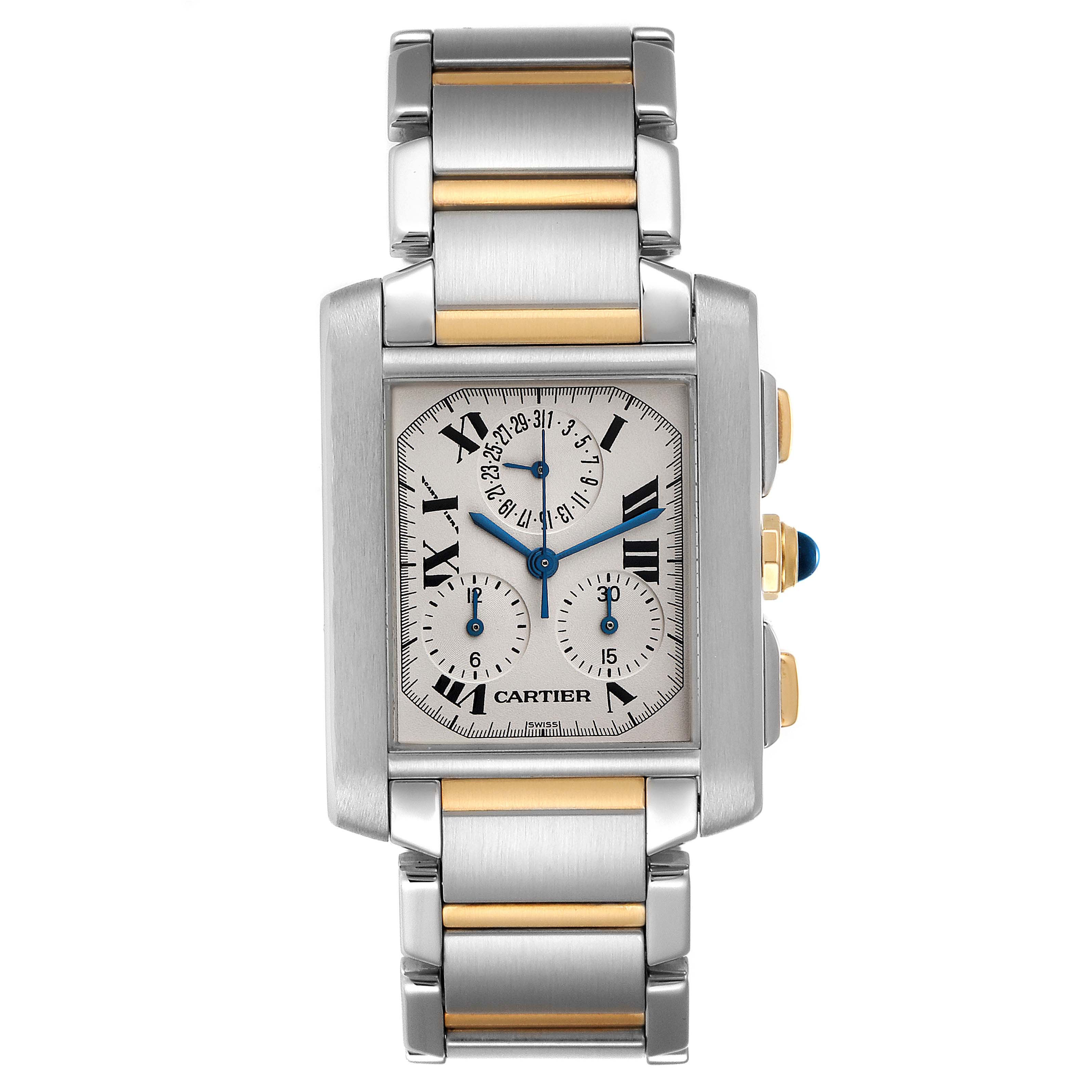 The Cartier Tank Française watch is shown from a top-down angle, highlighting its silver and gold bracelet and rectangular face.