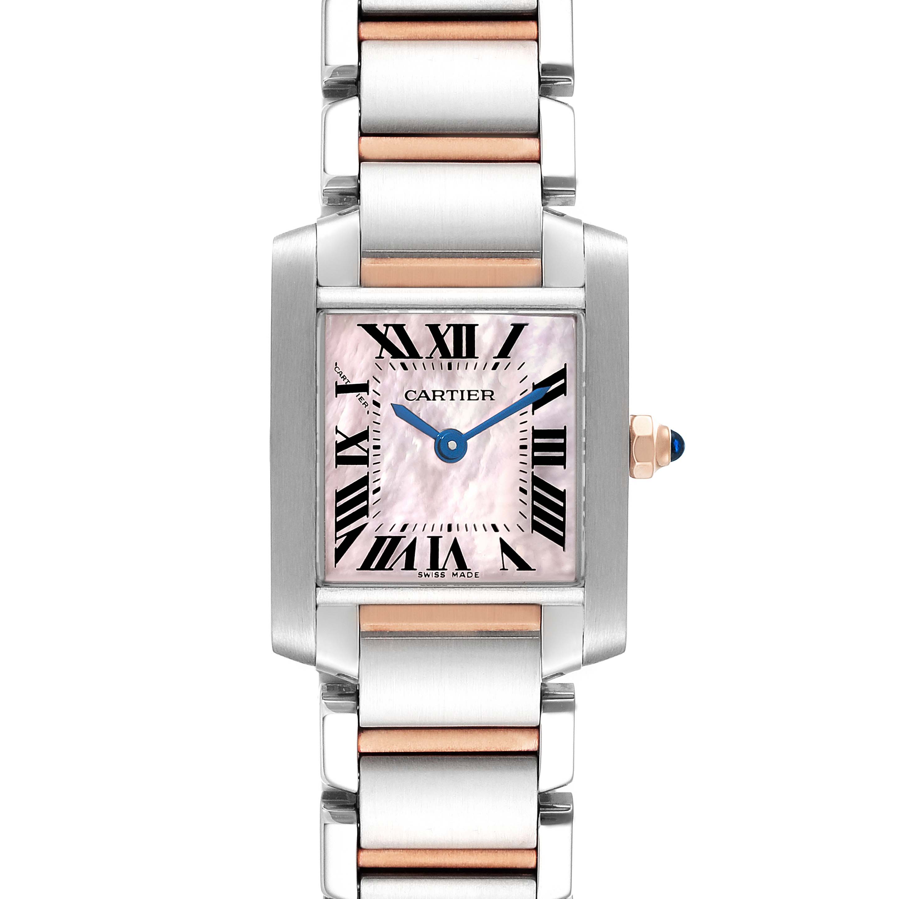 The image shows a front view of a Tank Française watch by Cartier, highlighting the dial and bracelet.