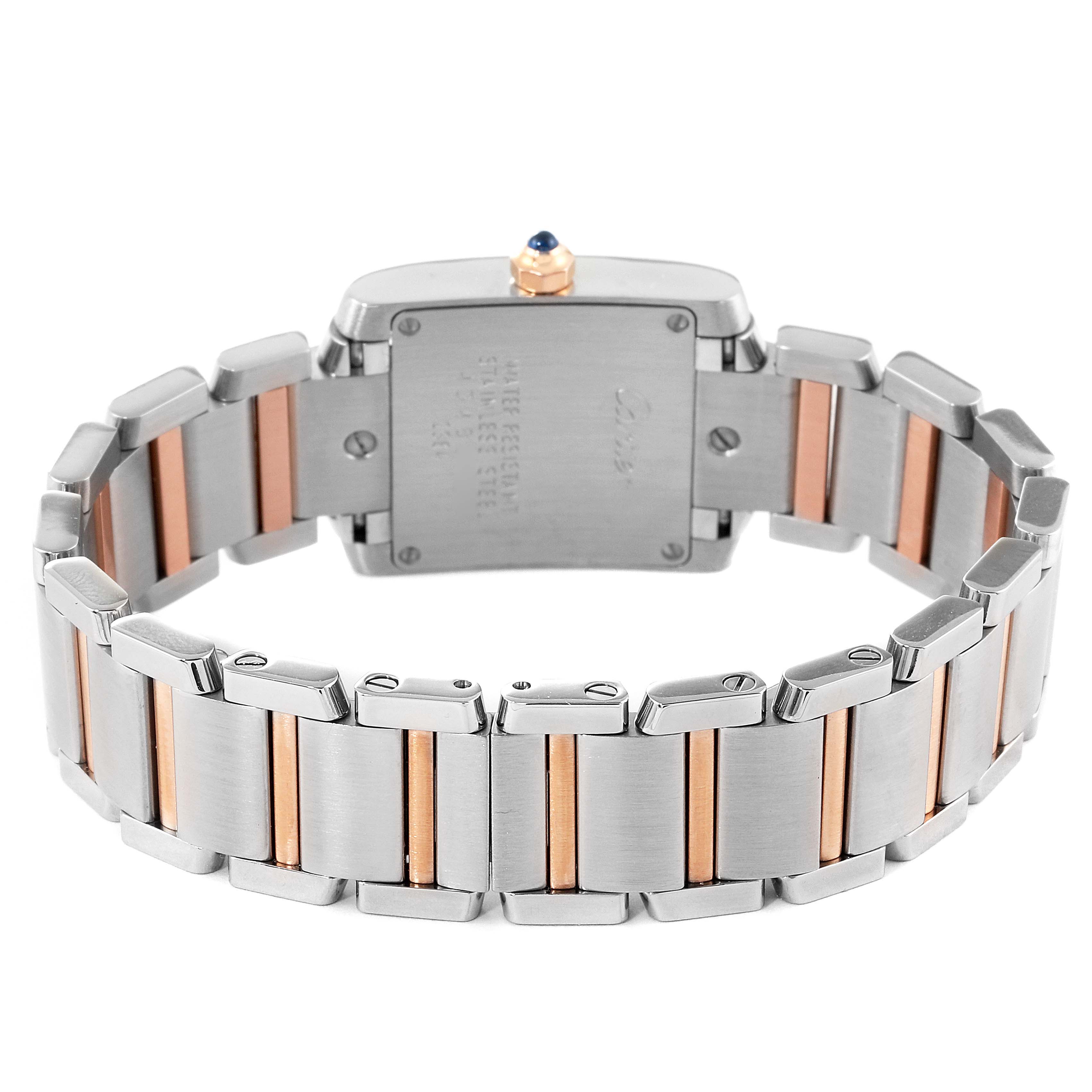 The image shows the back view of a Cartier Tank Francaise W51027Q4 Women's Steel and Gold (two tone) Mother of Pearl Dial W51027Q4 Women's Steel and Gold (two tone) Mother of Pearl Dial watch, highlighting its stainless steel and rose gold bracelet.