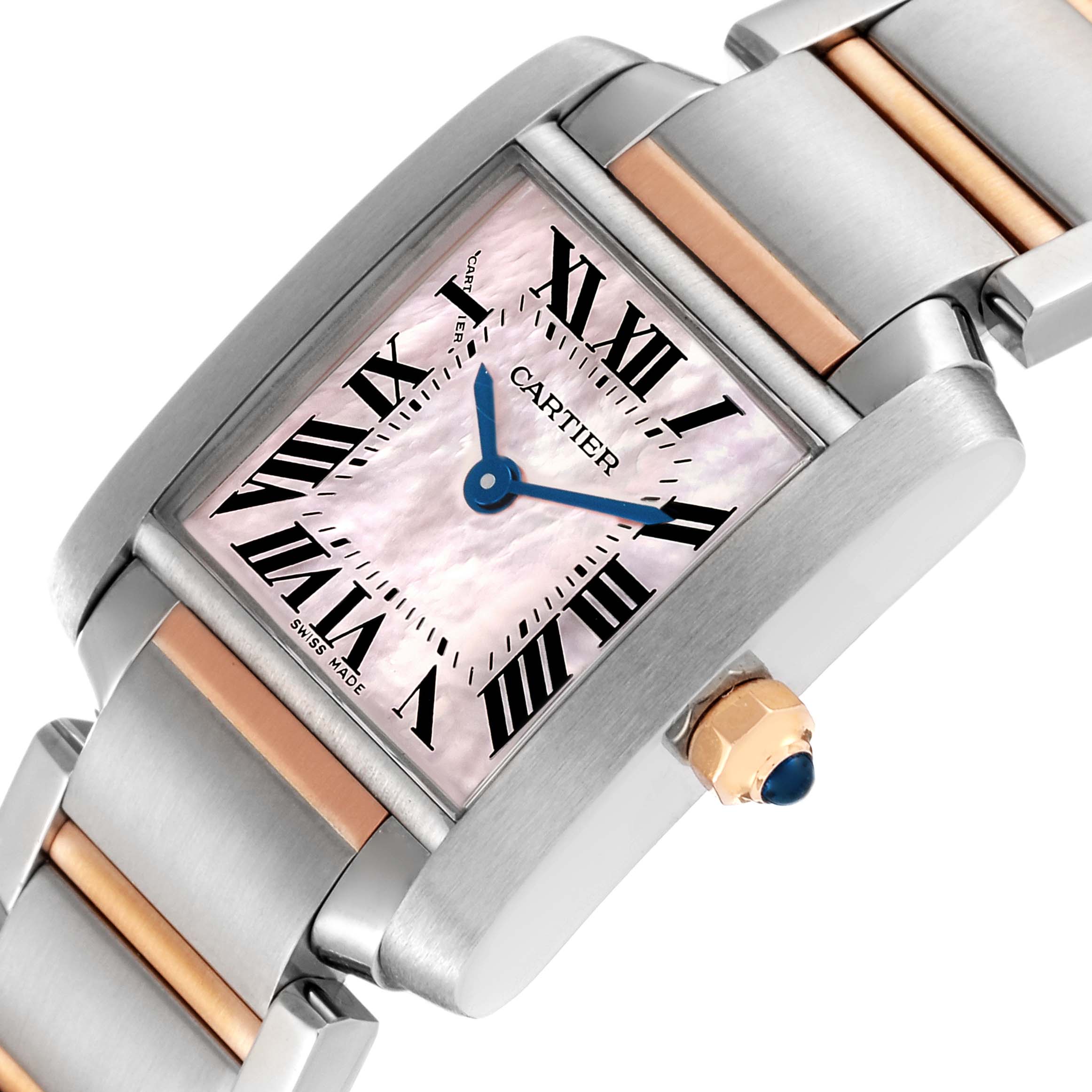 The image shows a close-up angle of the Cartier Tank Francaise W51027Q4 Women's Steel and Gold (two tone) Mother of Pearl Dial W51027Q4 Women's Steel and Gold (two tone) Mother of Pearl Dial watch, displaying its face, crown, and part of the bracelet.