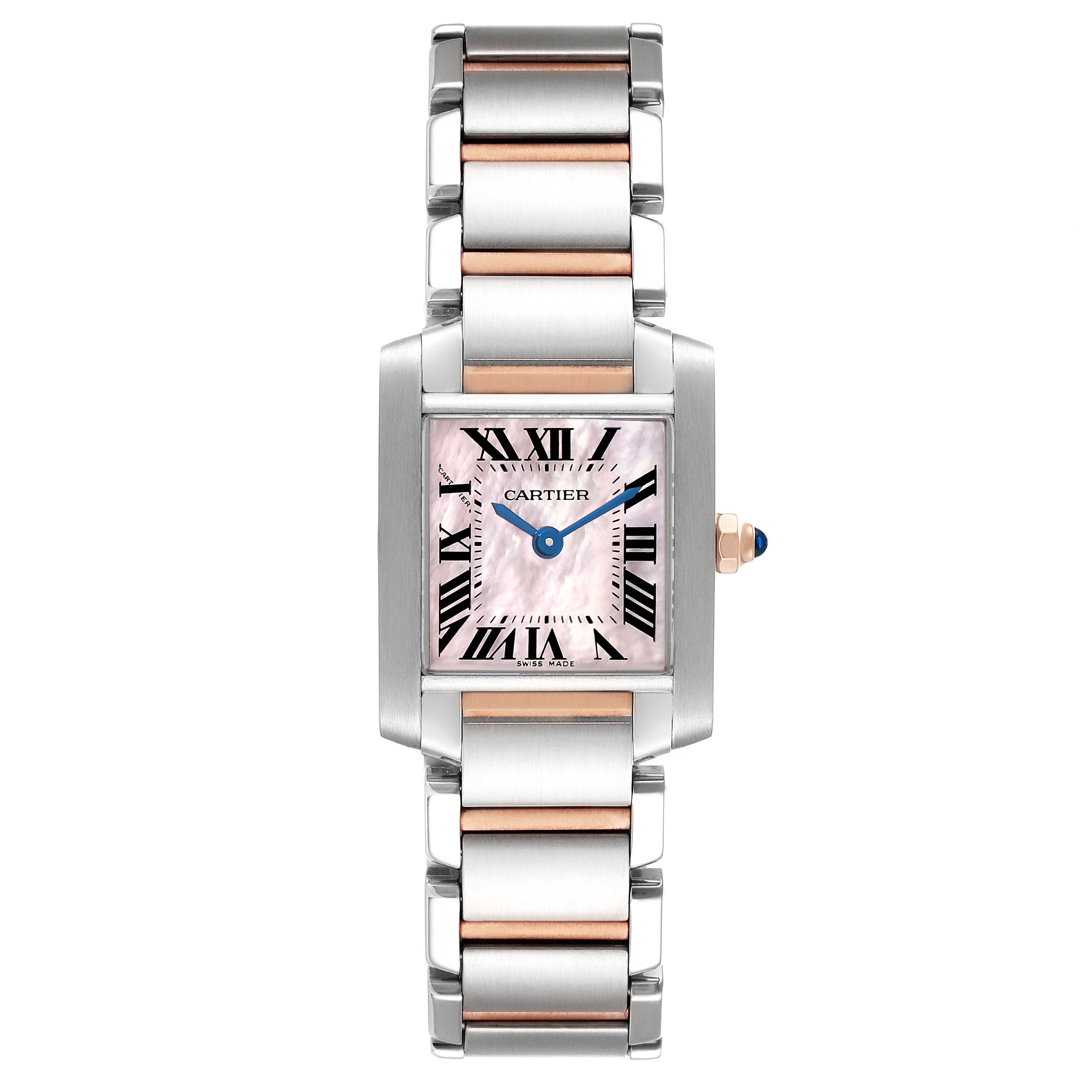 This image shows a front view of the Cartier Tank Francaise W51027Q4 Women's Steel and Gold (two tone) Mother of Pearl Dial W51027Q4 Women's Steel and Gold (two tone) Mother of Pearl Dial watch, featuring a metal and rose gold bracelet and a rectangular dial.