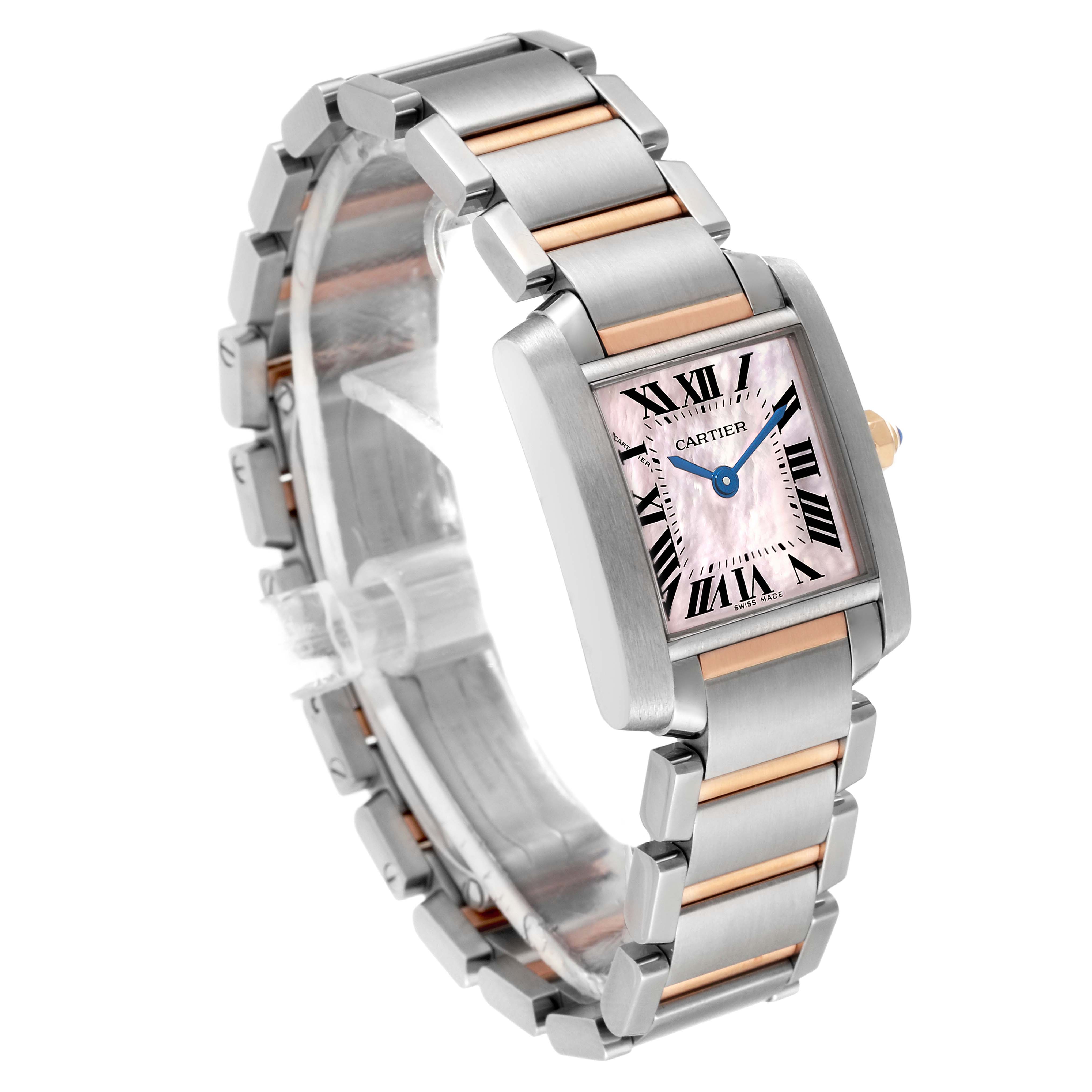 This image shows a Cartier Tank Francaise W51027Q4 Women's Steel and Gold (two tone) Mother of Pearl Dial W51027Q4 Women's Steel and Gold (two tone) Mother of Pearl Dial watch at an angle highlighting the watch face and the metal band with rose gold accents.