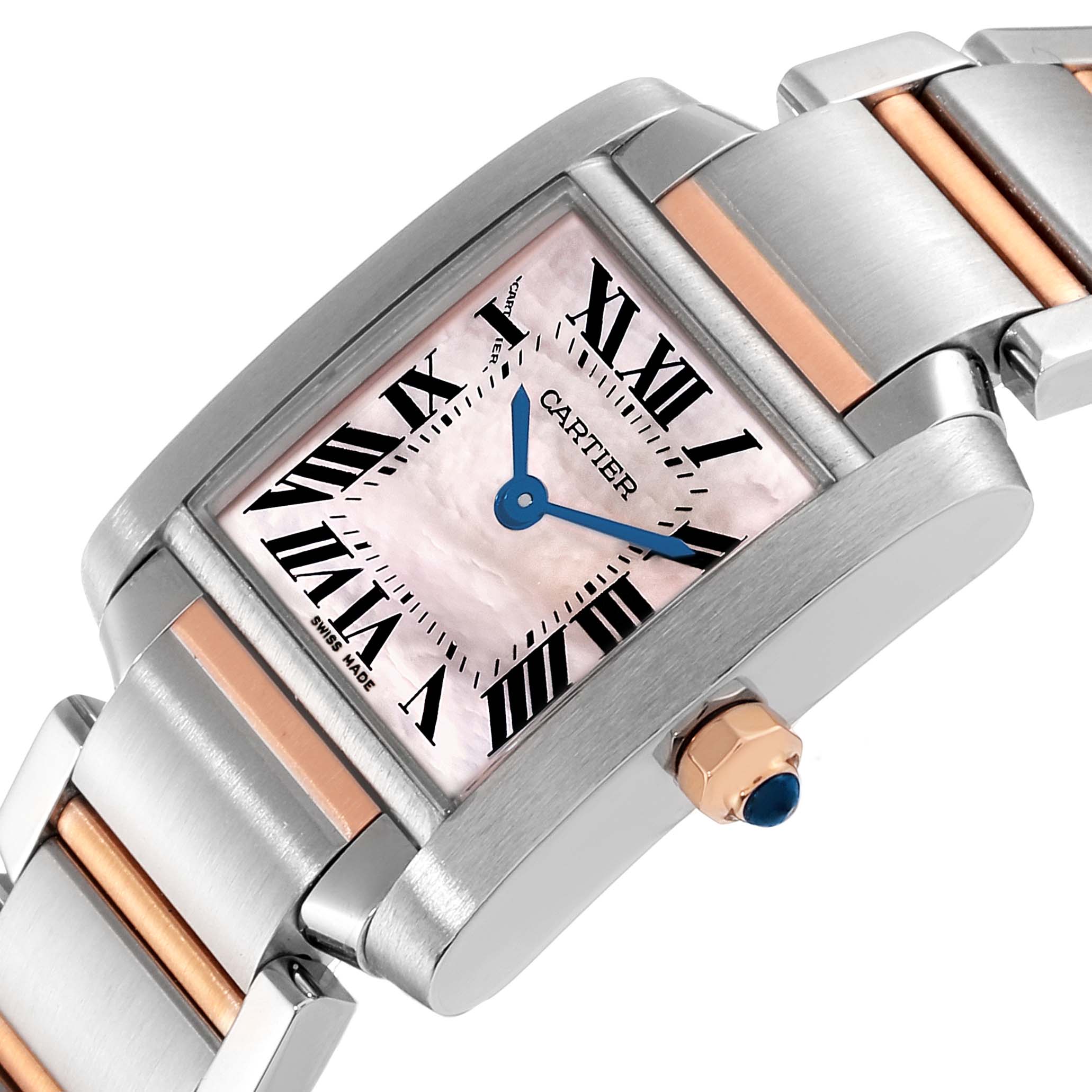 This image shows a close-up angled view of the Cartier Tank Francaise W51027Q4 Women's Steel and Gold (two tone) Mother of Pearl Dial W51027Q4 Women's Steel and Gold (two tone) Mother of Pearl Dial watch's dial, crown, and part of the bracelet.