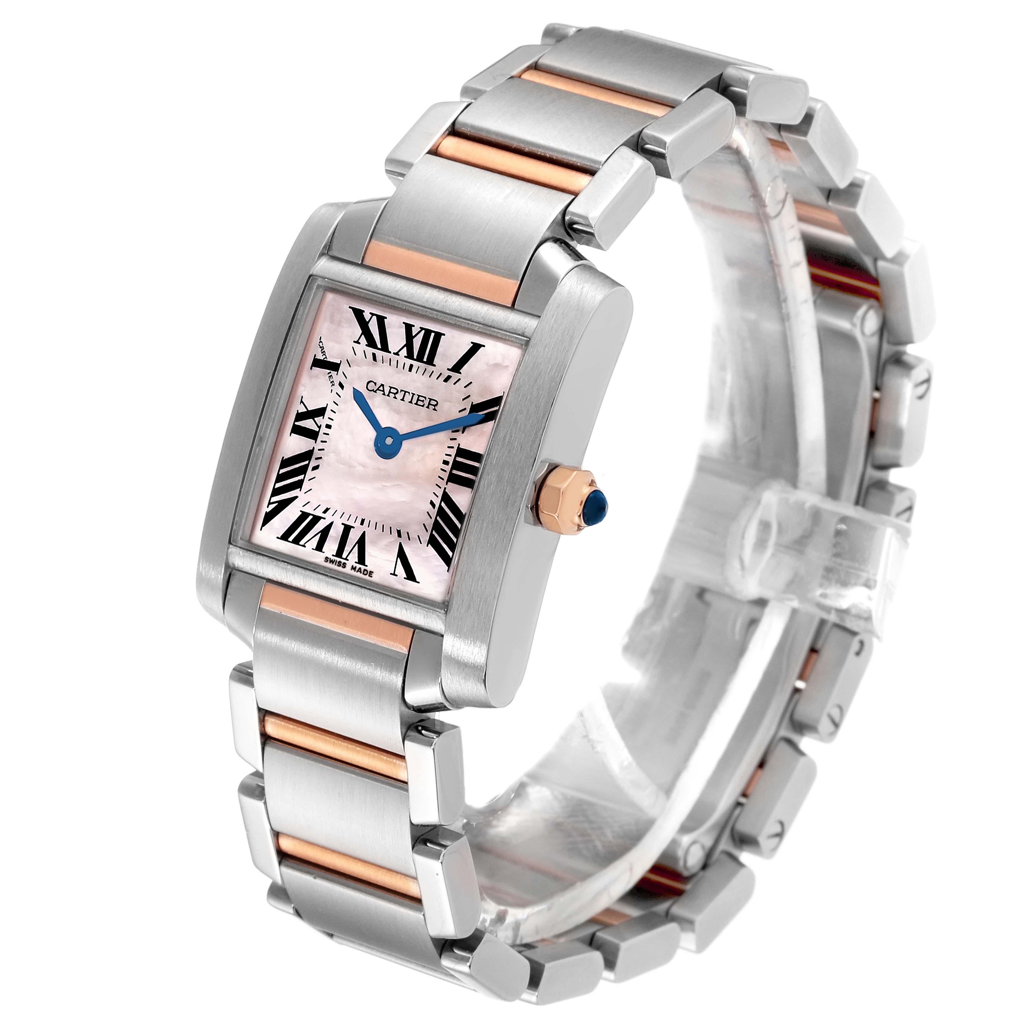 The image shows a side angle of the Cartier Tank Francaise W51027Q4 Women's Steel and Gold (two tone) Mother of Pearl Dial W51027Q4 Women's Steel and Gold (two tone) Mother of Pearl Dial watch, highlighting its face, bezel, crown, and bracelet.