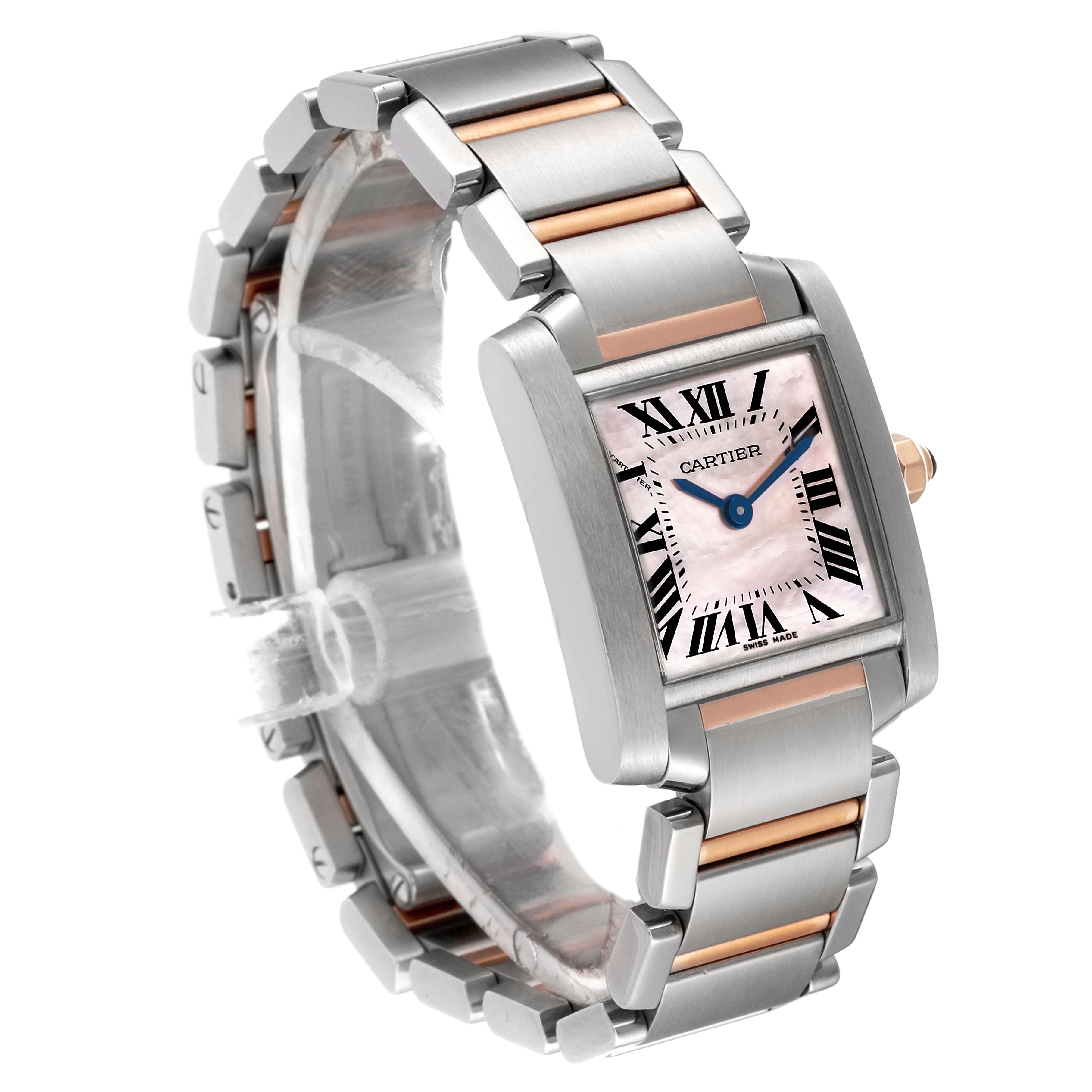 The image shows a Cartier Tank Francaise W51027Q4 Women's Steel and Gold (two tone) Mother of Pearl Dial W51027Q4 Women's Steel and Gold (two tone) Mother of Pearl Dial watch at a three-quarter angle, highlighting its face and stainless steel and gold bracelet.