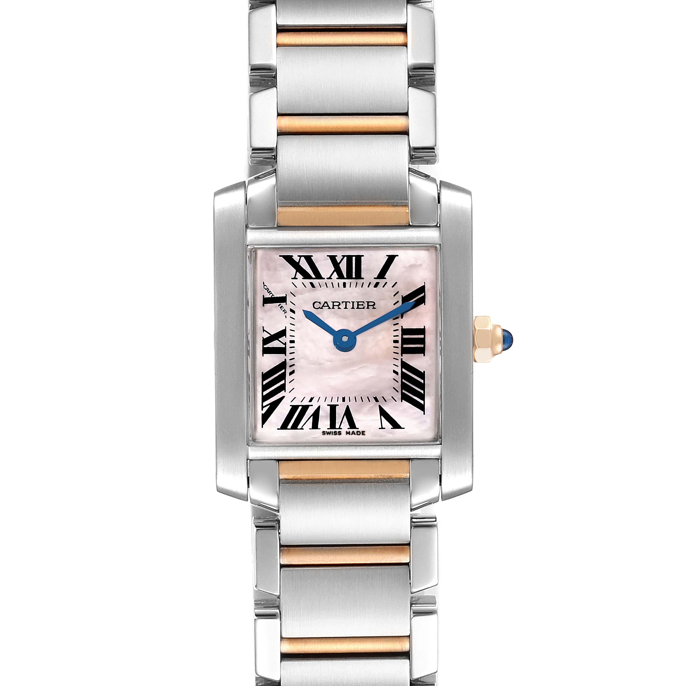 This image shows a front view of the Cartier Tank Francaise W51027Q4 Women's Steel and Gold (two tone) Mother of Pearl Dial W51027Q4 Women's Steel and Gold (two tone) Mother of Pearl Dial watch, highlighting the dial, hands, and bracelet.