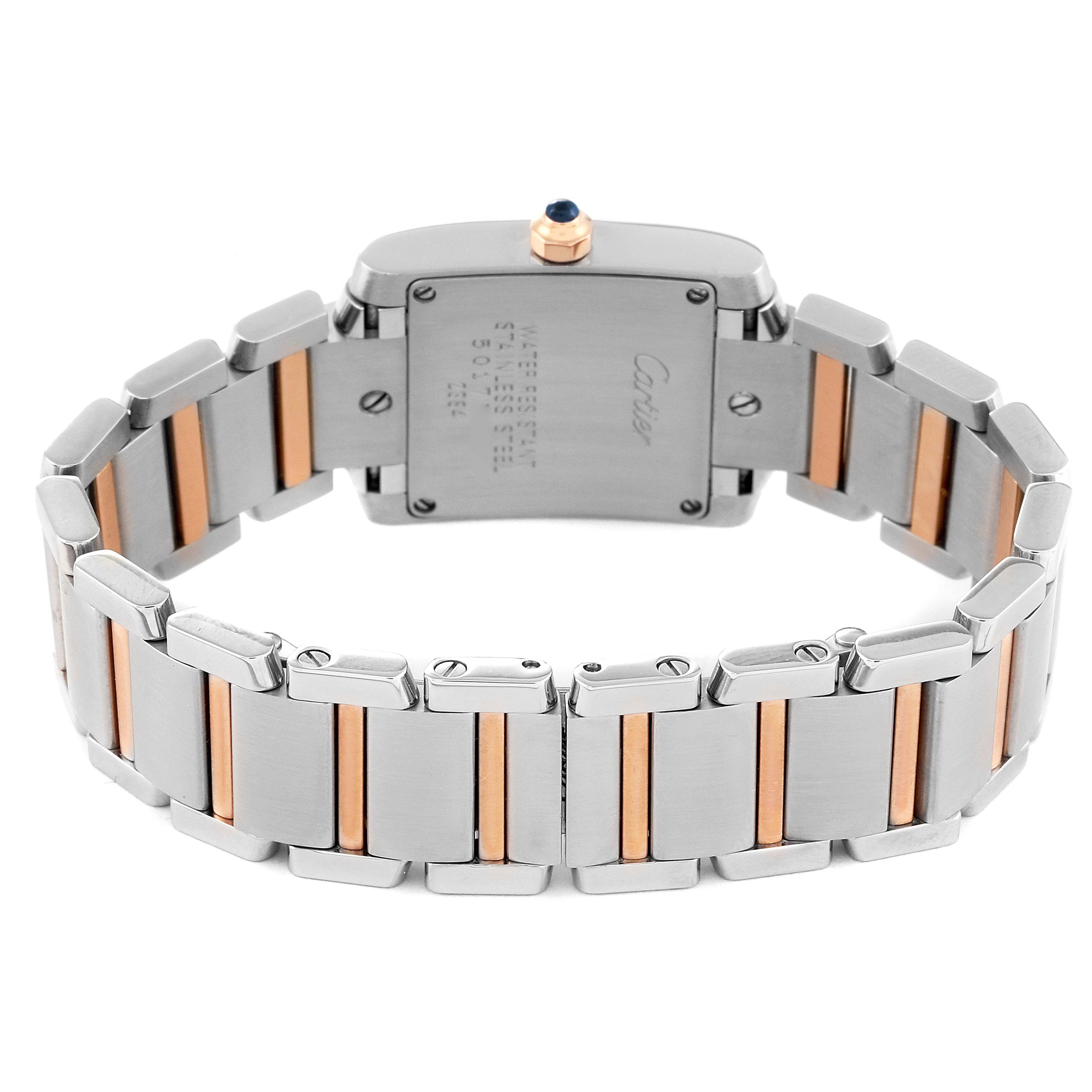 The Cartier Tank Francaise W51027Q4 Women's Steel and Gold (two tone) Mother of Pearl Dial W51027Q4 Women's Steel and Gold (two tone) Mother of Pearl Dial watch is shown from the back, highlighting its stainless steel and gold bracelet and case back.