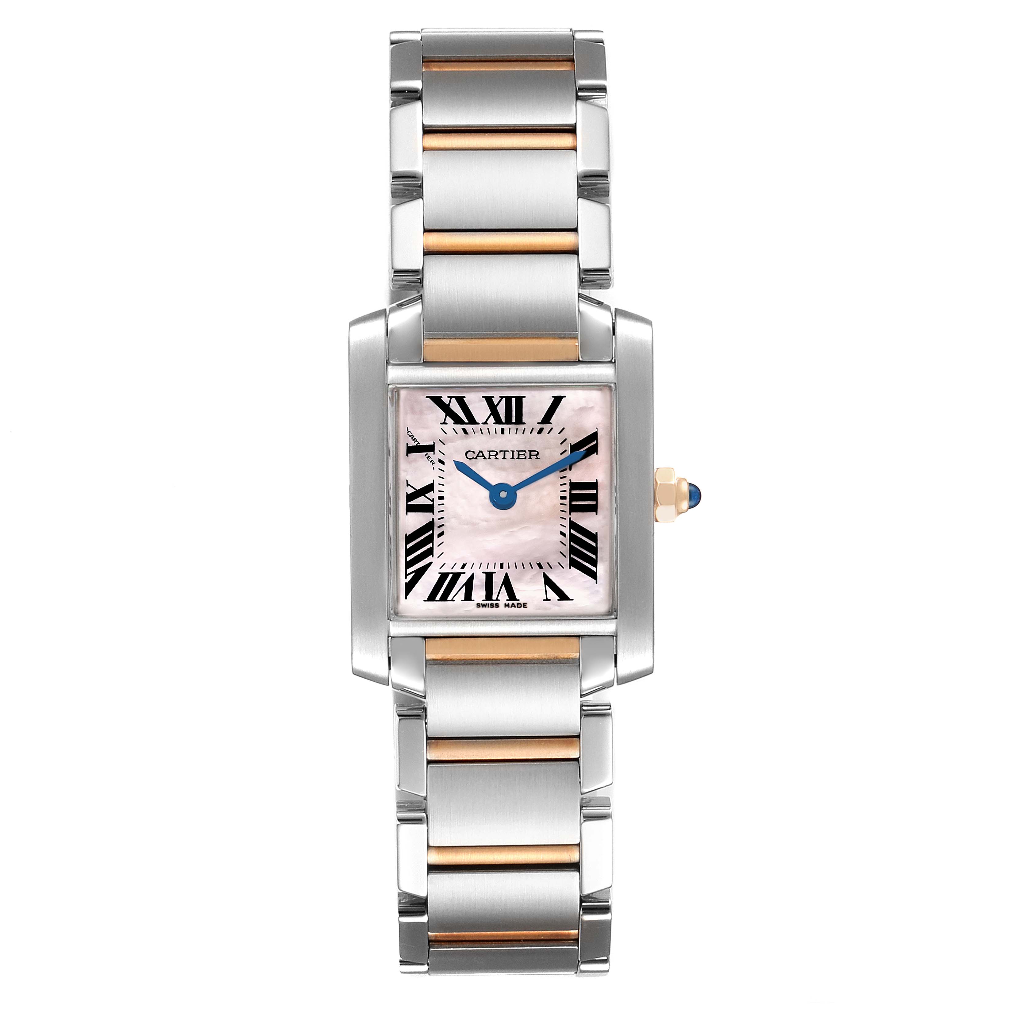 The image shows a Cartier Tank Francaise W51027Q4 Women's Steel and Gold (two tone) Mother of Pearl Dial W51027Q4 Women's Steel and Gold (two tone) Mother of Pearl Dial watch from a top-down angle, displaying its rectangular face, Roman numerals, and metal bracelet.