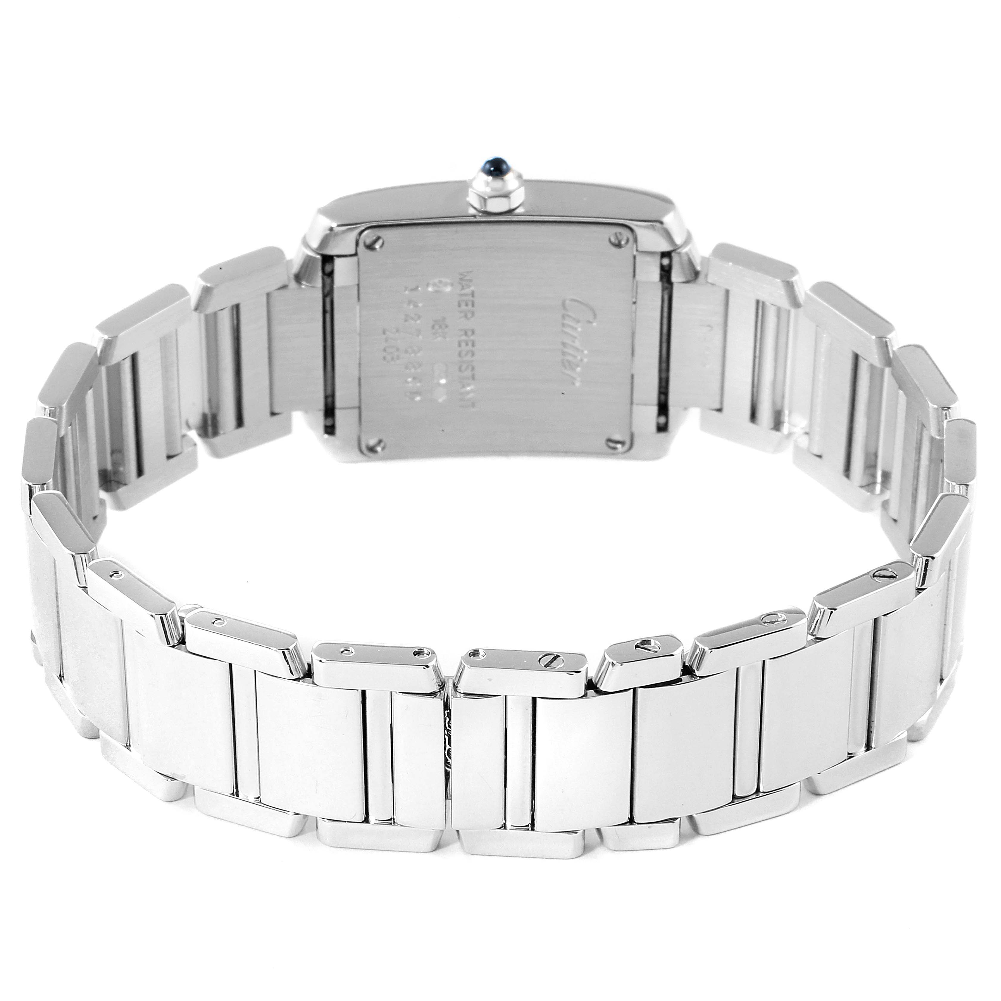 The image shows the back view of the Cartier Tank Francaise W50012S3 Women's White Gold Silver Dial W50012S3 Women's White Gold Silver Dial watch, highlighting the case back, bracelet, and crown.