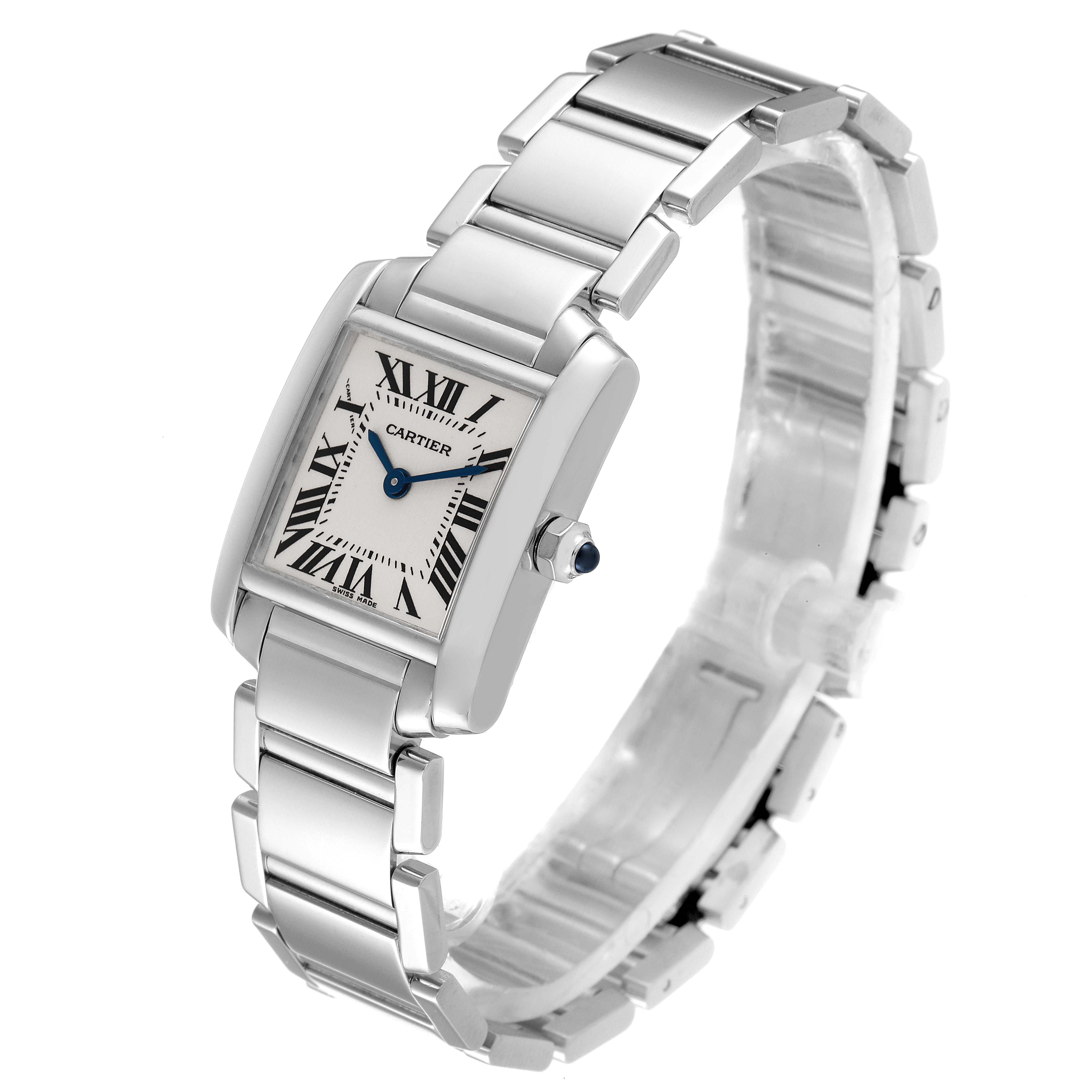 This Cartier Tank Francaise W50012S3 Women's White Gold Silver Dial W50012S3 Women's White Gold Silver Dial watch is shown at an angle highlighting the face, bracelet, and side profile of the case.