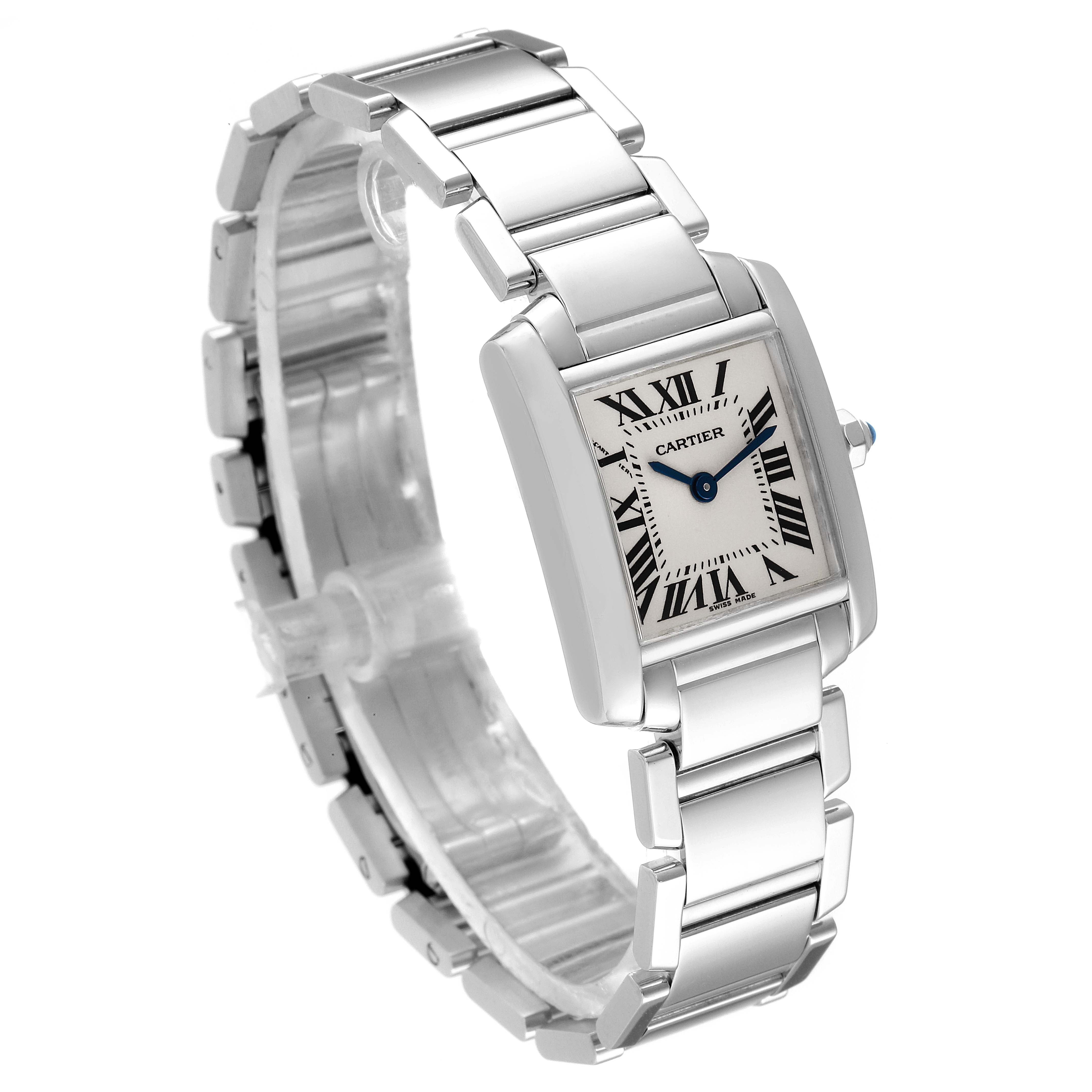 The Cartier Tank Francaise W50012S3 Women's White Gold Silver Dial W50012S3 Women's White Gold Silver Dial watch is shown at a slight angle, highlighting the rectangular case, bracelet, and roman numeral dial.