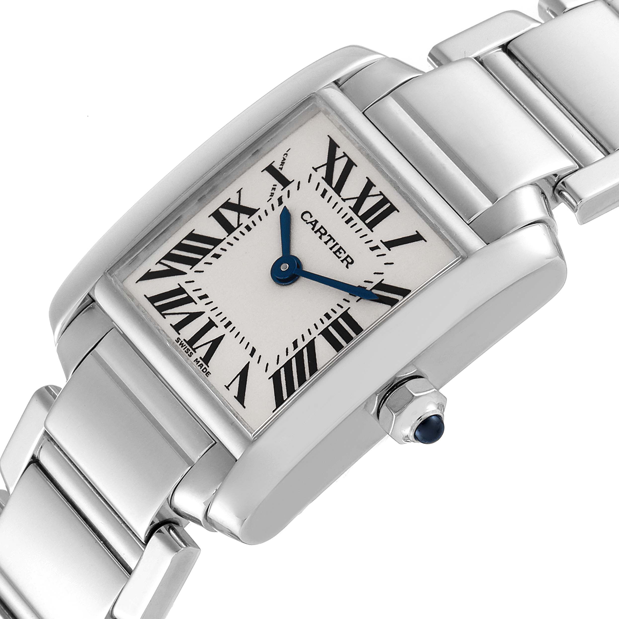 The image shows a close-up of the Cartier Tank Française watch face and part of the stainless steel bracelet from an angle.