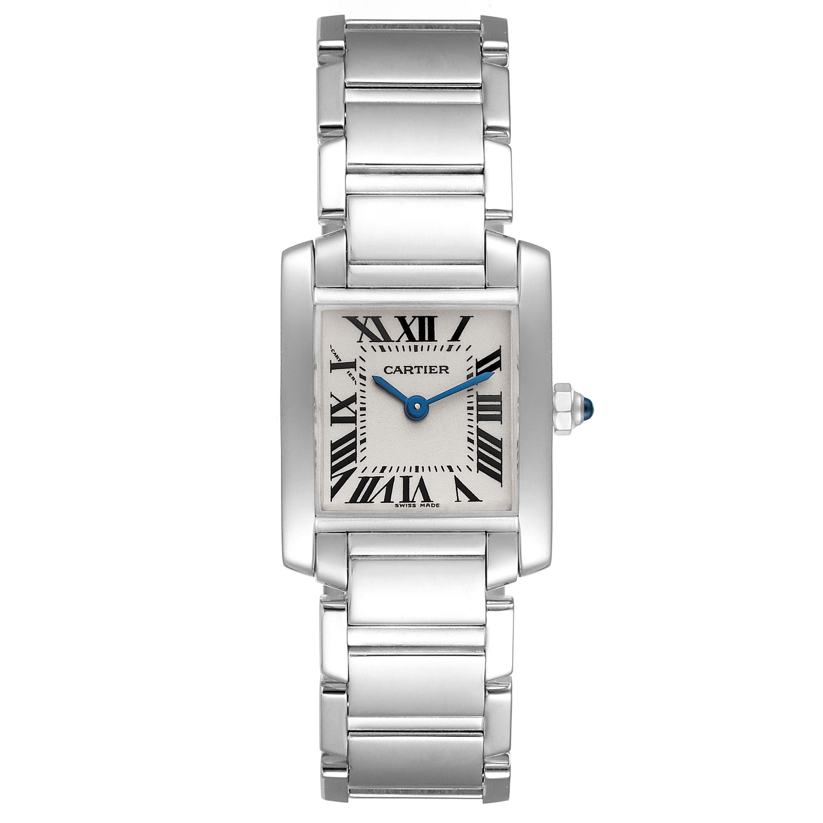 The image shows a front view of the Cartier Tank Francaise W50012S3 Women's White Gold Silver Dial W50012S3 Women's White Gold Silver Dial watch, highlighting its rectangular face and stainless steel bracelet.