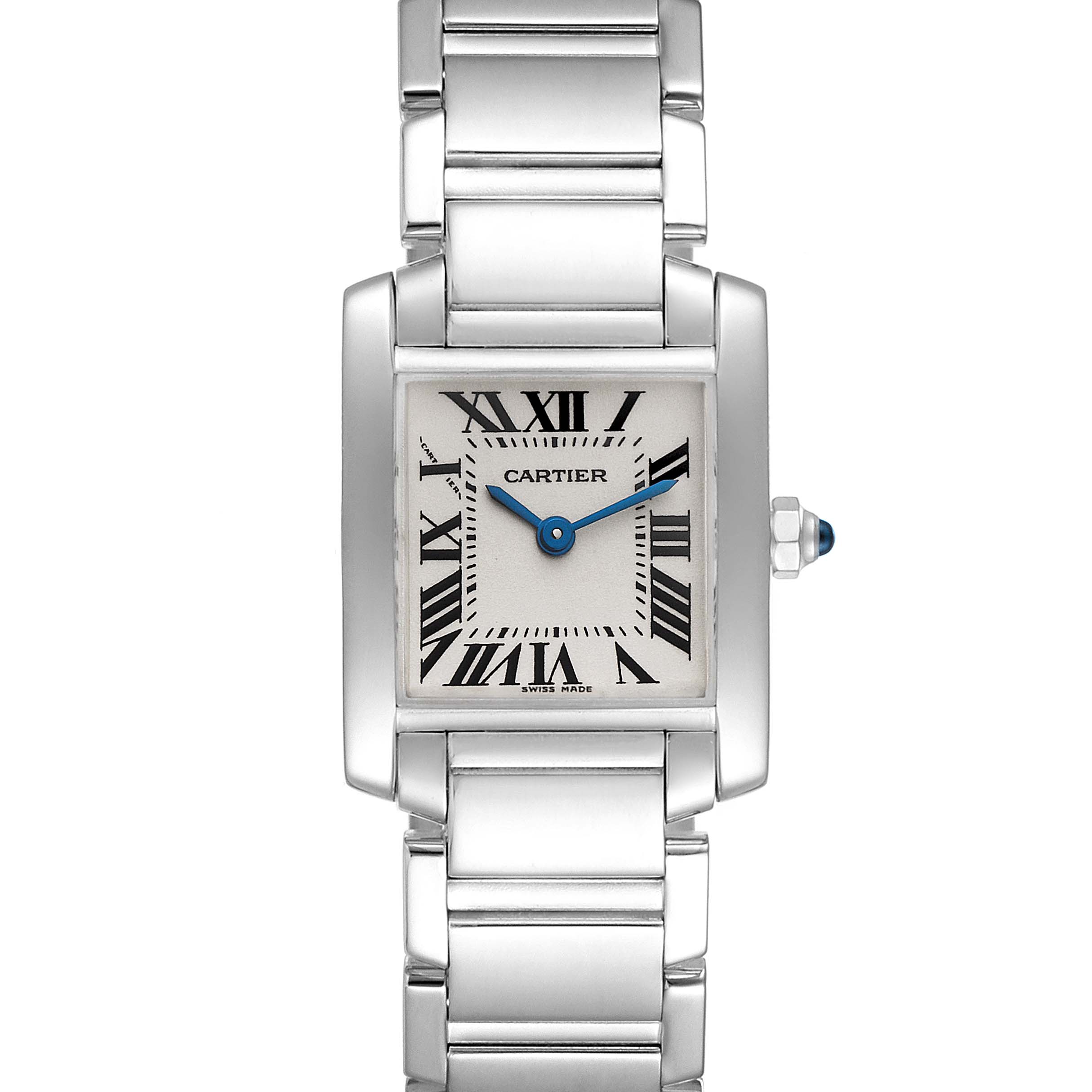 This Cartier Tank Francaise W50012S3 Women's White Gold Silver Dial W50012S3 Women's White Gold Silver Dial watch is shown from a straight-on angle, highlighting the face, bracelet, and crown.