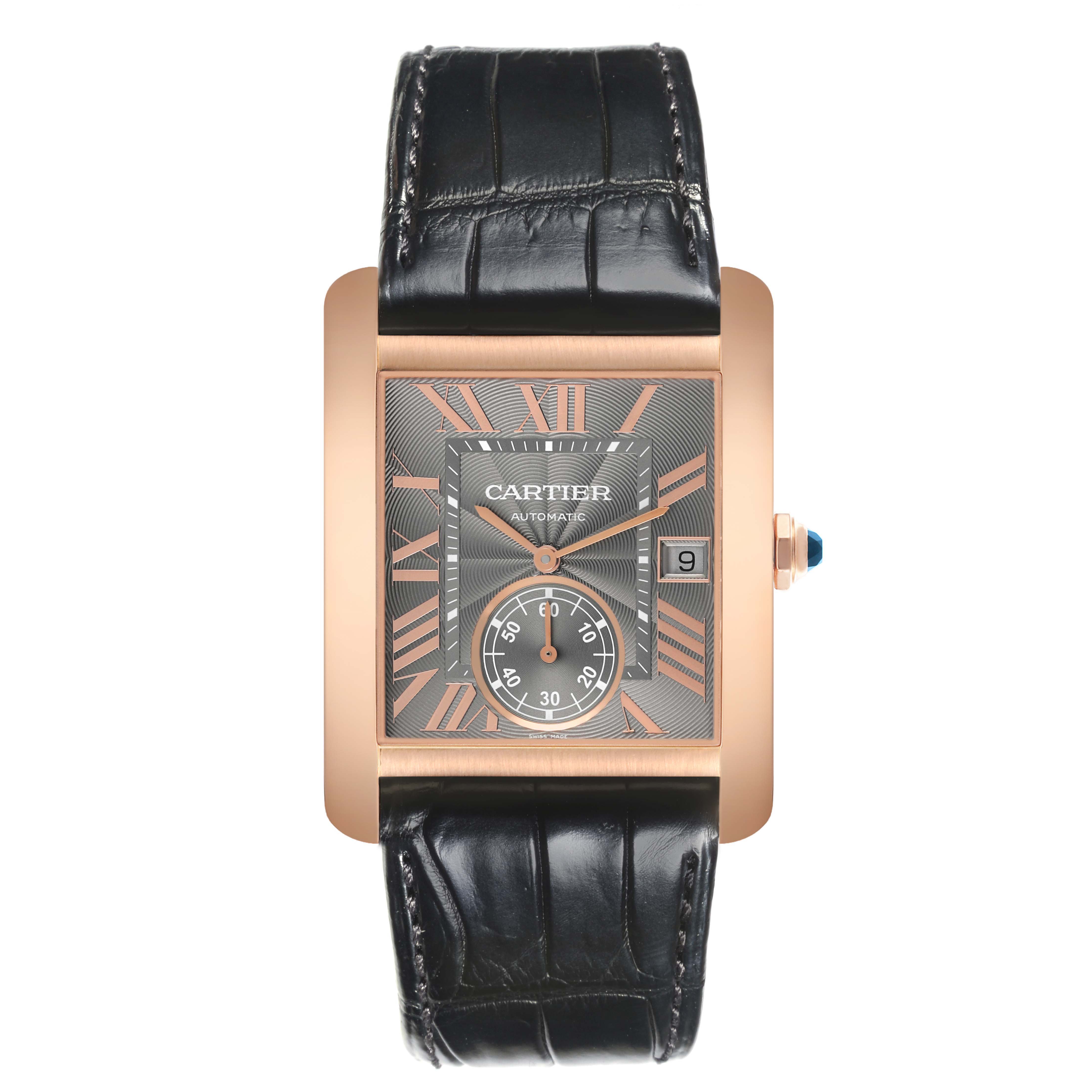 The Cartier Tank MC WGTA0014 Men's Rose Gold Grey Dial watch is shown from the front, displaying the dial, rose gold case, and black leather strap.