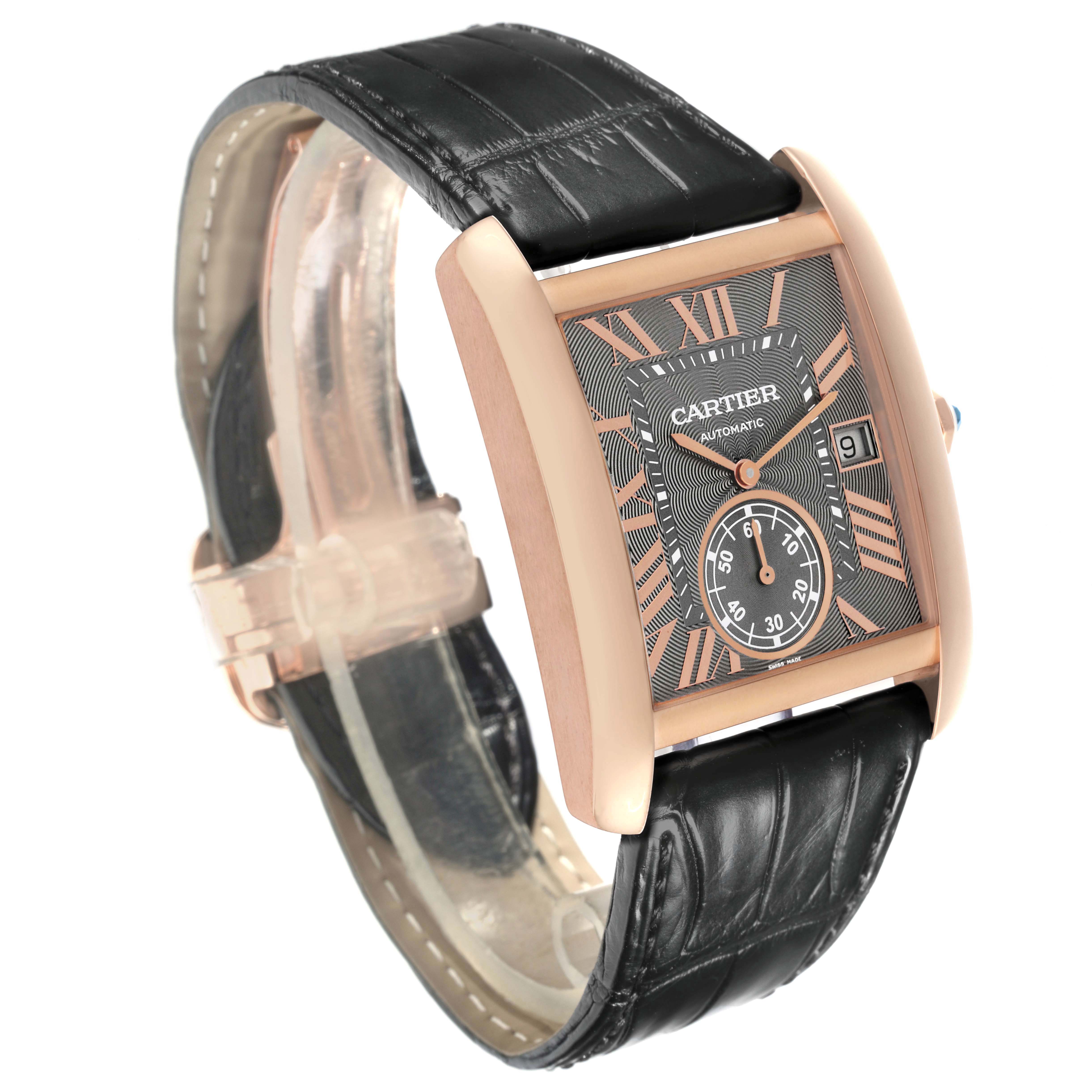 The Cartier Tank MC WGTA0014 Mens Rose Gold Grey Dial watch is shown at an angled view, displaying the face, leather strap, and side crown.