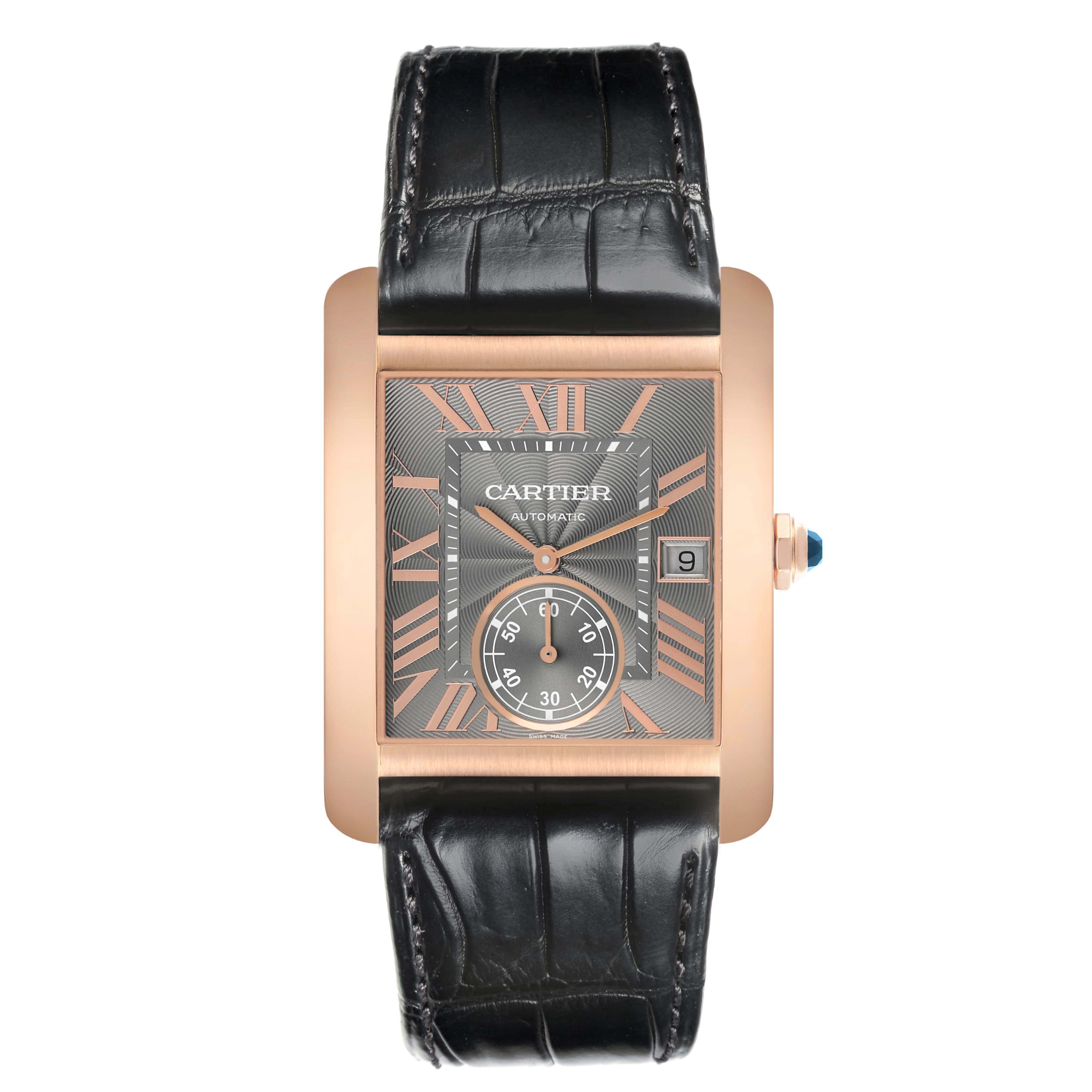 The Cartier Tank MC WGTA0014 Mens Rose Gold Grey Dial model watch is shown from a top-down angle, displaying its face, strap, and side crown.