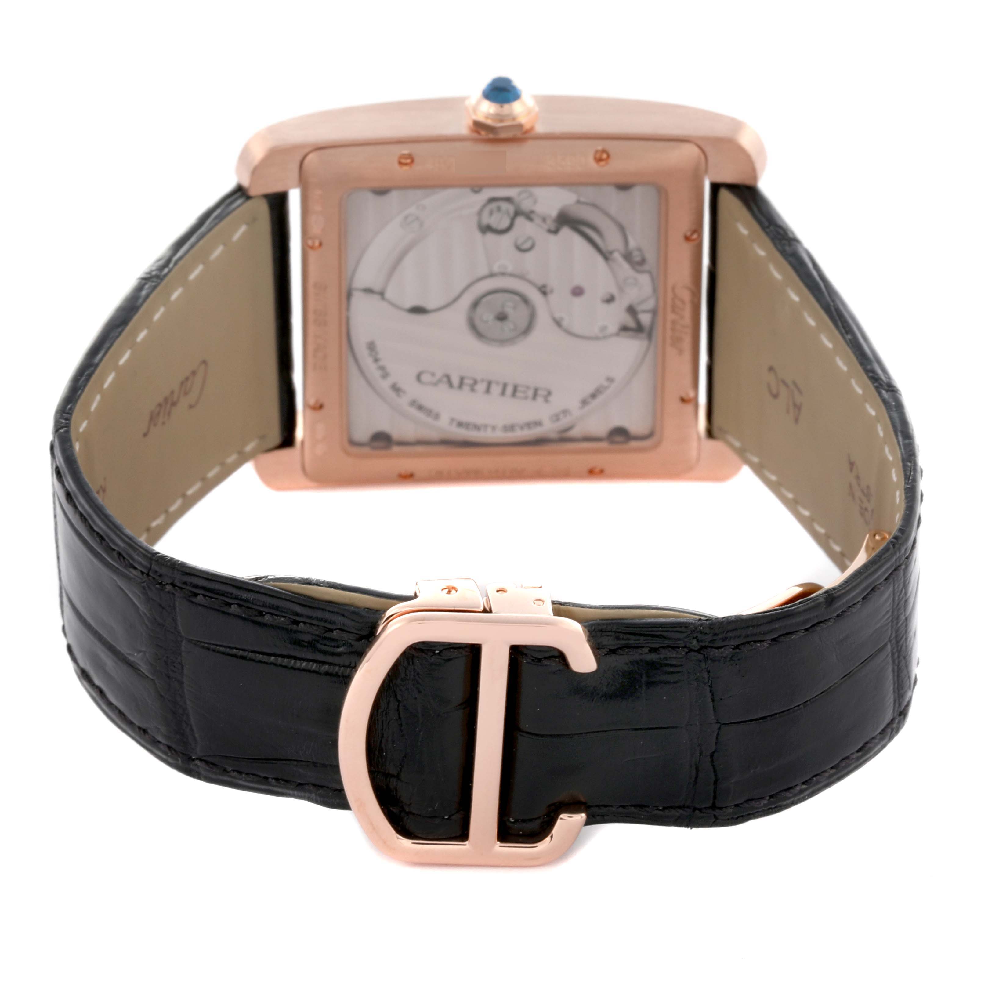 The Cartier Tank MC W5330002 Men's Rose Gold Grey Dial W5330002 Men's Rose Gold Grey Dial watch is shown from the back, displaying its movement through the transparent caseback, with a black leather strap and buckle.