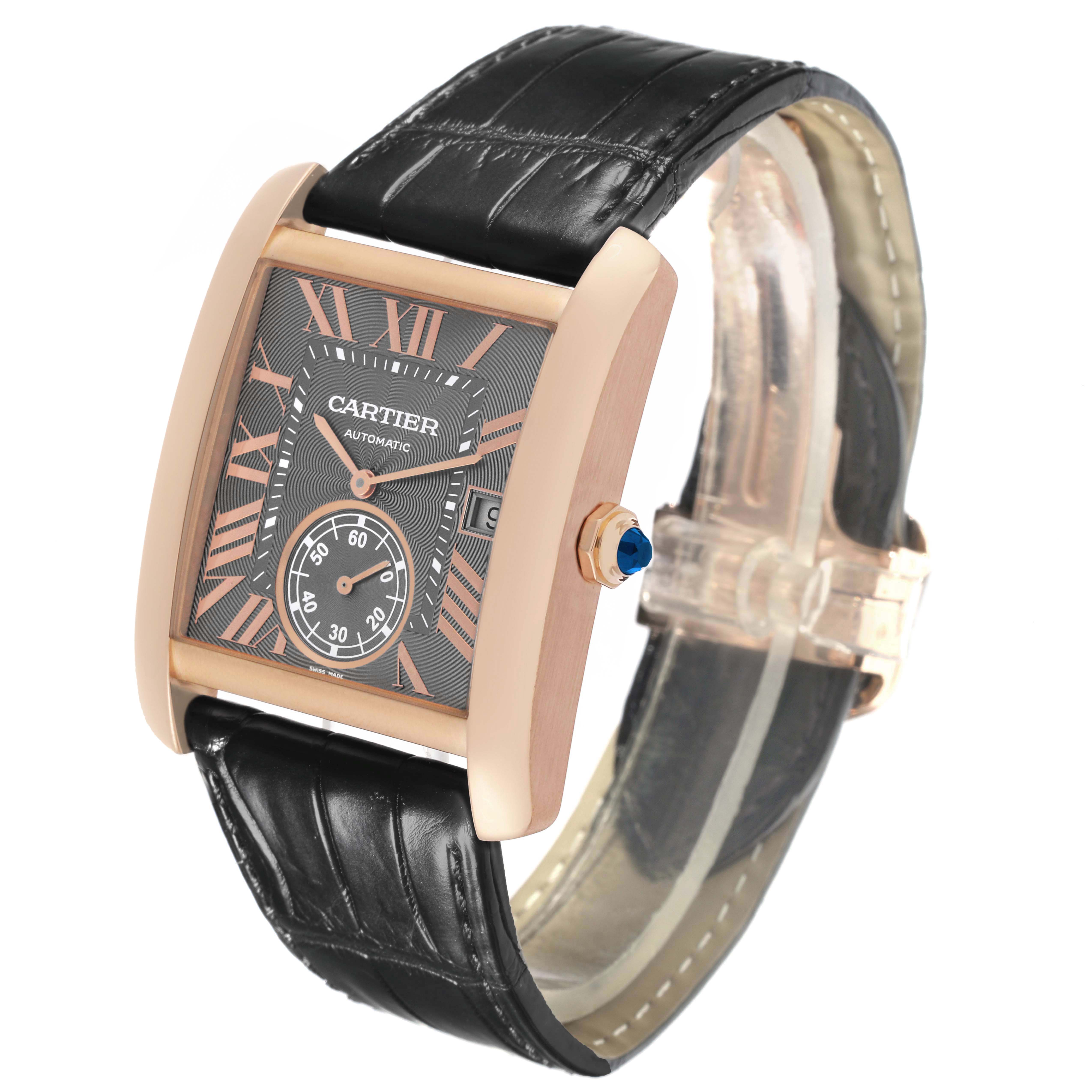 The Cartier Tank MC WGTA0014 Mens Rose Gold Grey Dial watch is shown at a three-quarter angle, highlighting its rose gold case, black leather strap, and detailed dial.