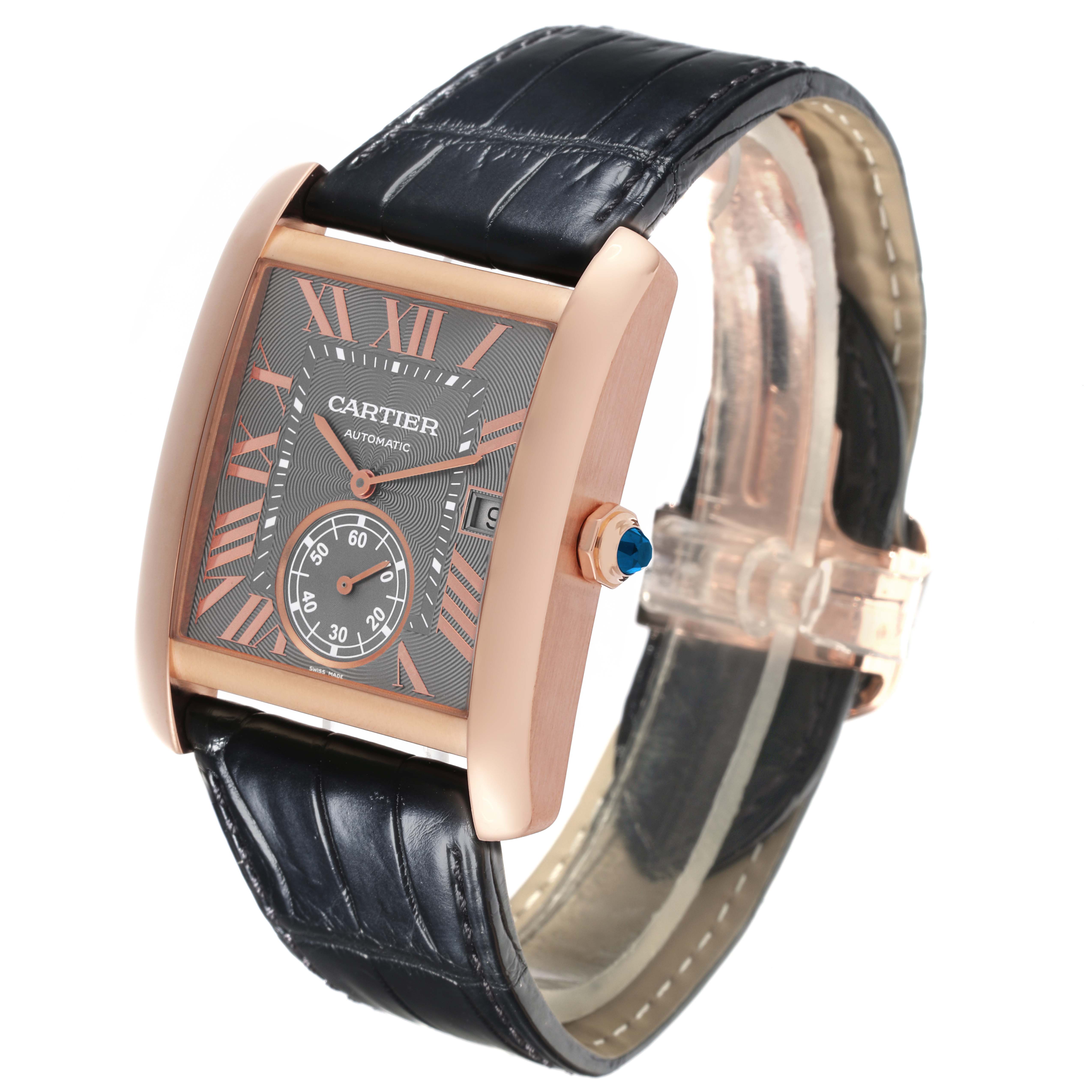 The Cartier Tank MC W5330002 Men's Rose Gold Grey Dial W5330002 Men's Rose Gold Grey Dial watch is shown at an oblique angle, highlighting its rectangular dial, blue sapphire crown, and leather strap.
