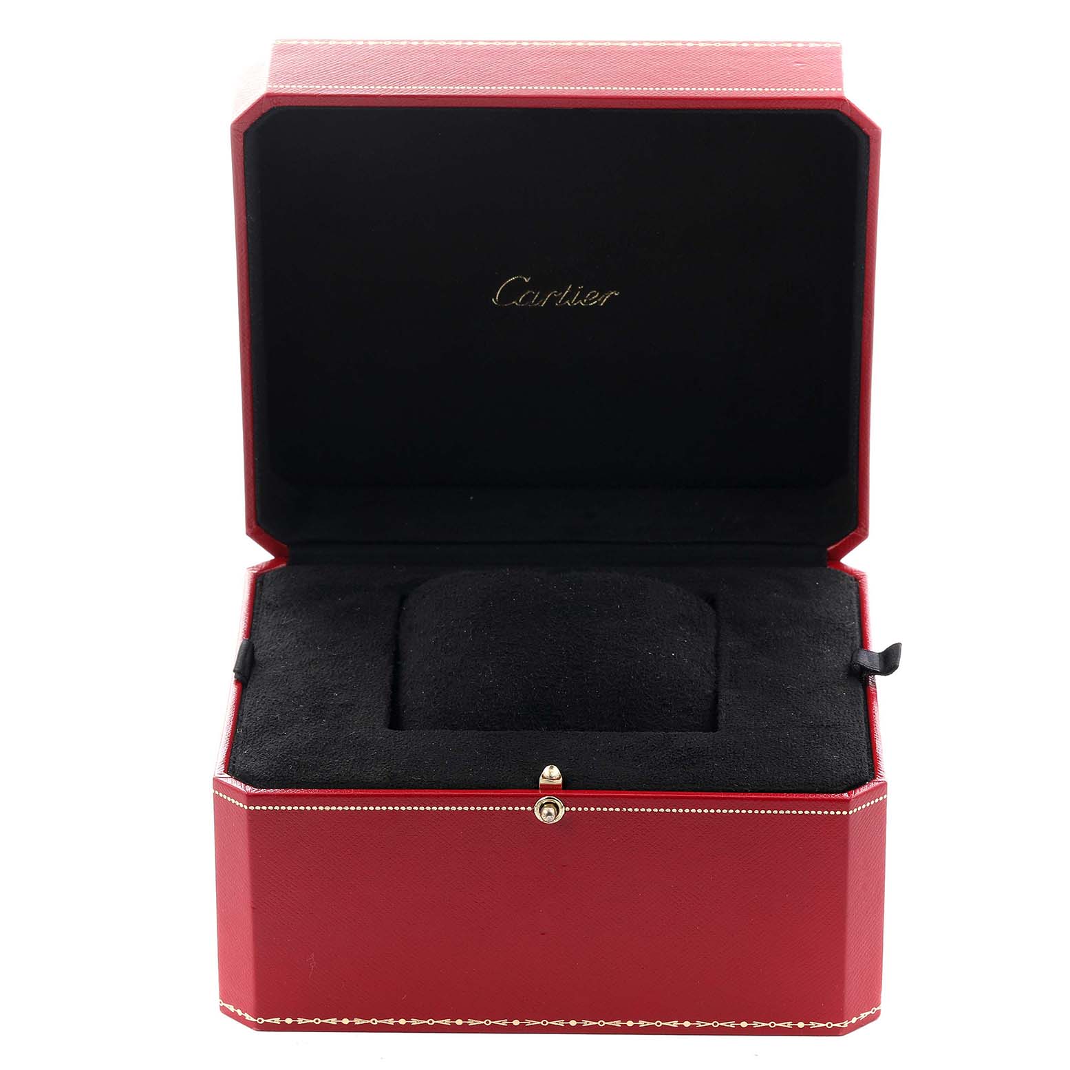 The image shows a red Cartier watch box for the Tank MC model, open with a black interior cushion.