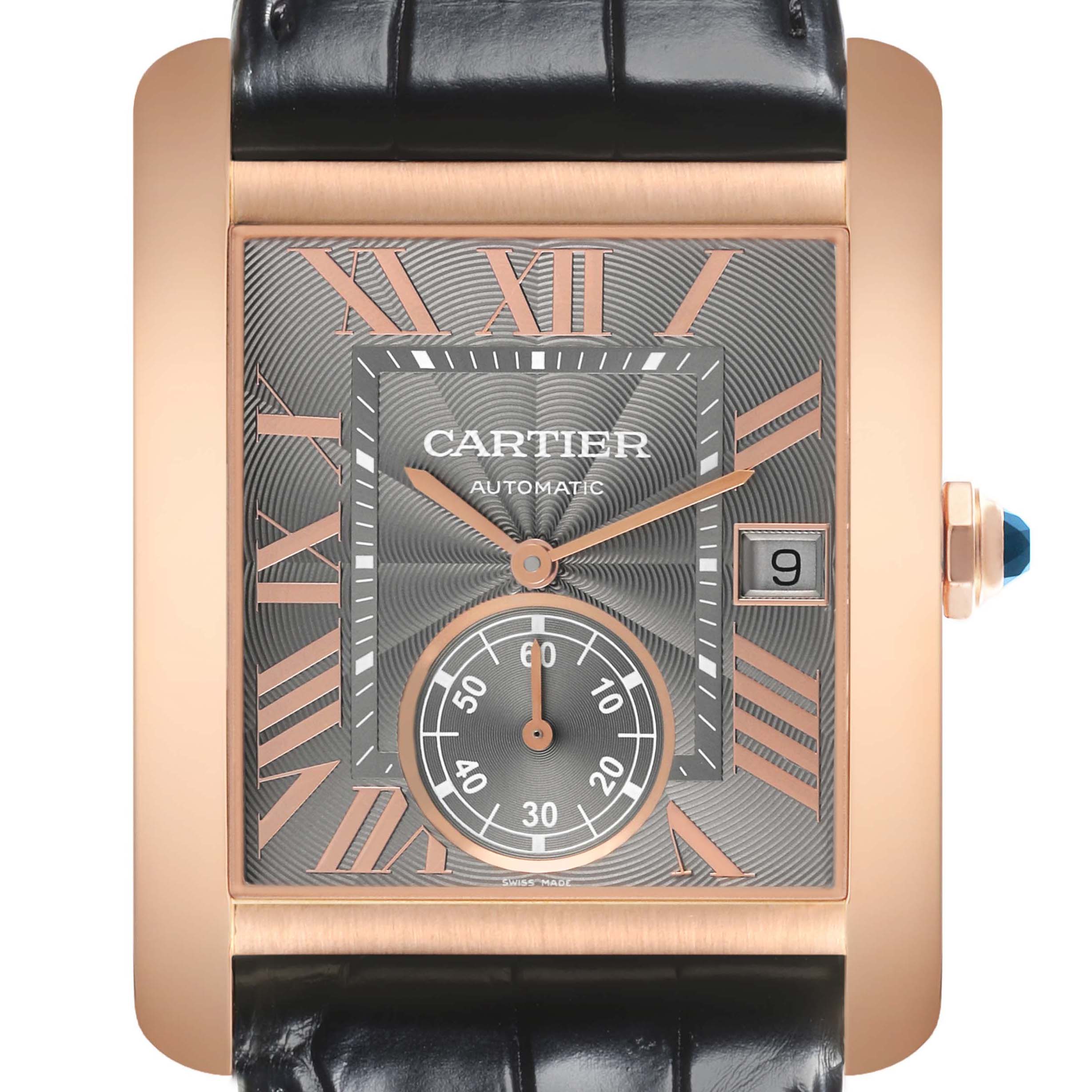 The Cartier Tank MC WGTA0014 Men's Rose Gold Grey Dial watch is shown from a front angle, highlighting the face, hands, crown, and black strap.