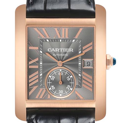 The Cartier Tank MC WGTA0014 Men's Rose Gold Grey Dial watch is shown from the front, displaying the dial, case, crown, and part of the strap.