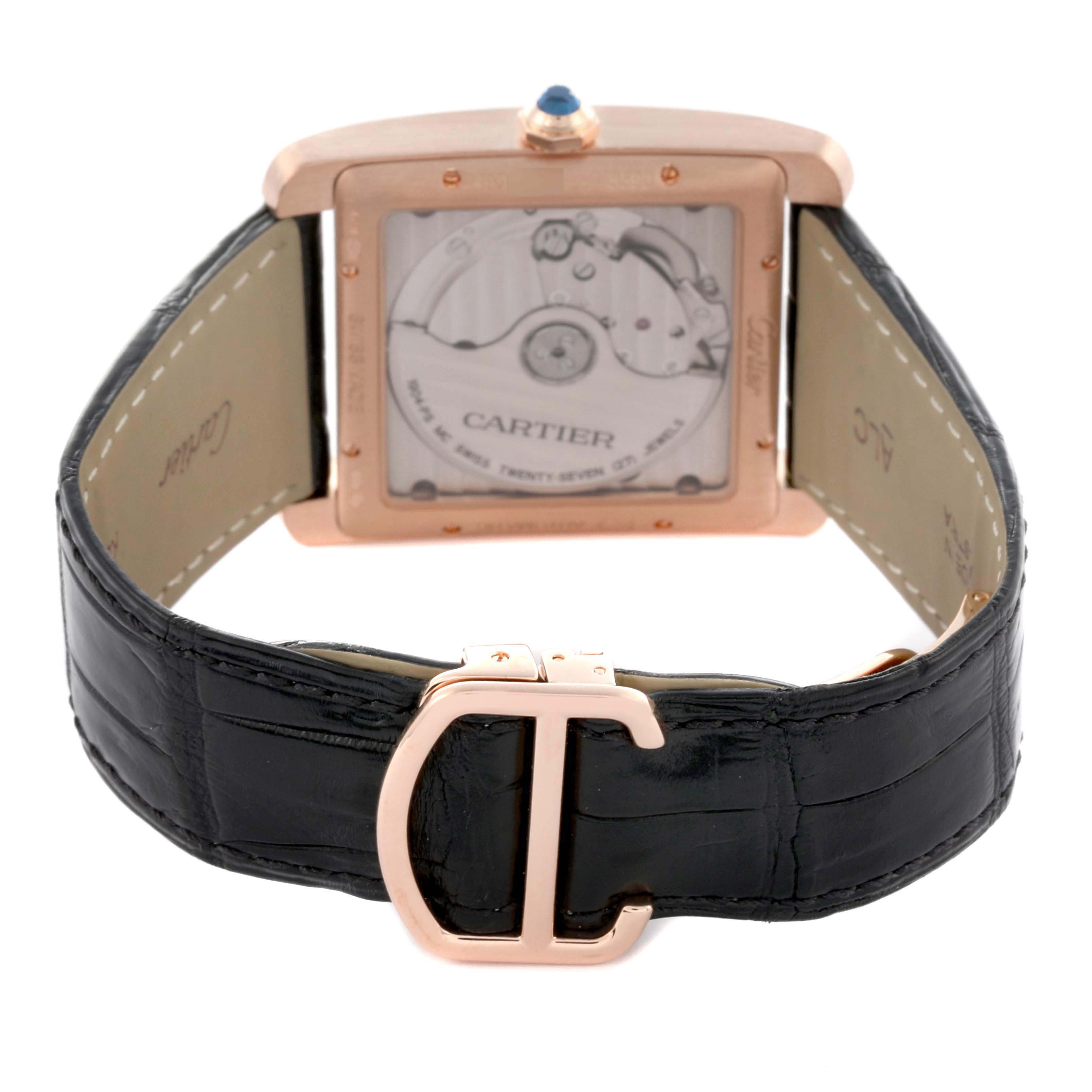 The image shows the back view of a Cartier Tank MC WGTA0014 Mens Rose Gold Grey Dial watch, highlighting its movement and black strap with a rose gold buckle.