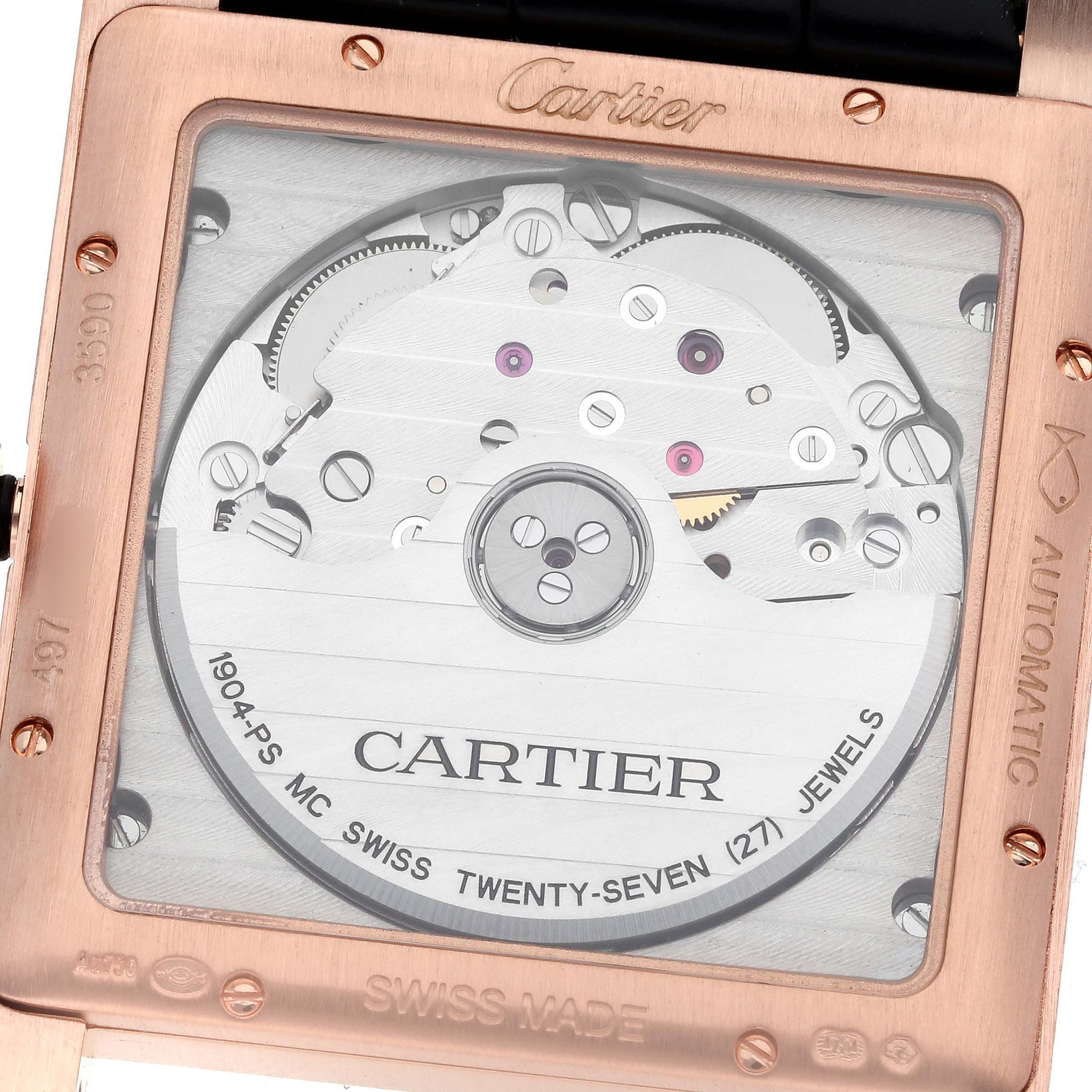 The image shows the rear view of the Cartier Tank MC W5330002 Men's Rose Gold Grey Dial W5330002 Men's Rose Gold Grey Dial, highlighting its automatic movement.