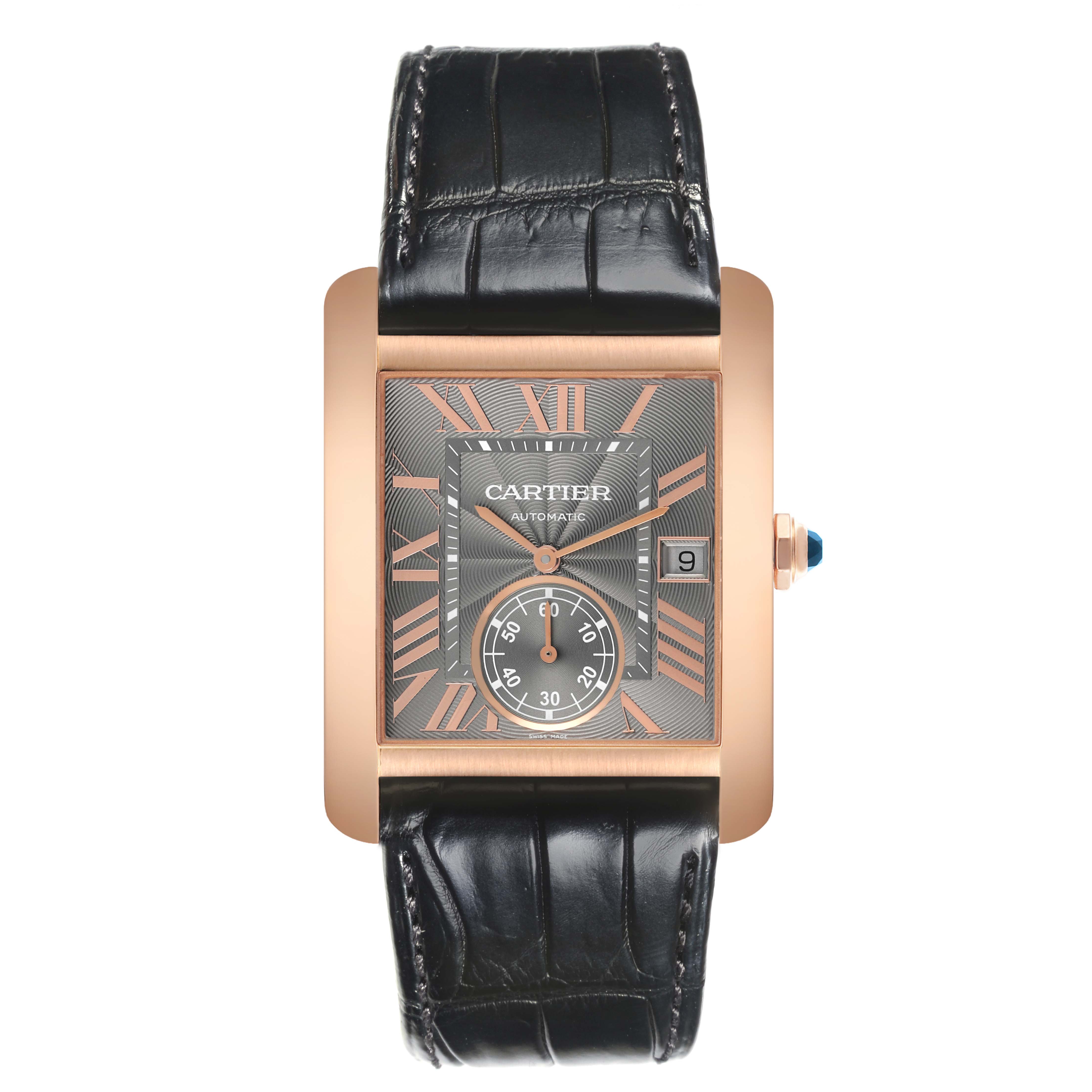 The Cartier Tank MC W5330002 Men's Rose Gold Grey Dial W5330002 Men's Rose Gold Grey Dial watch is shown from the front, highlighting the face, bezel, and strap details.