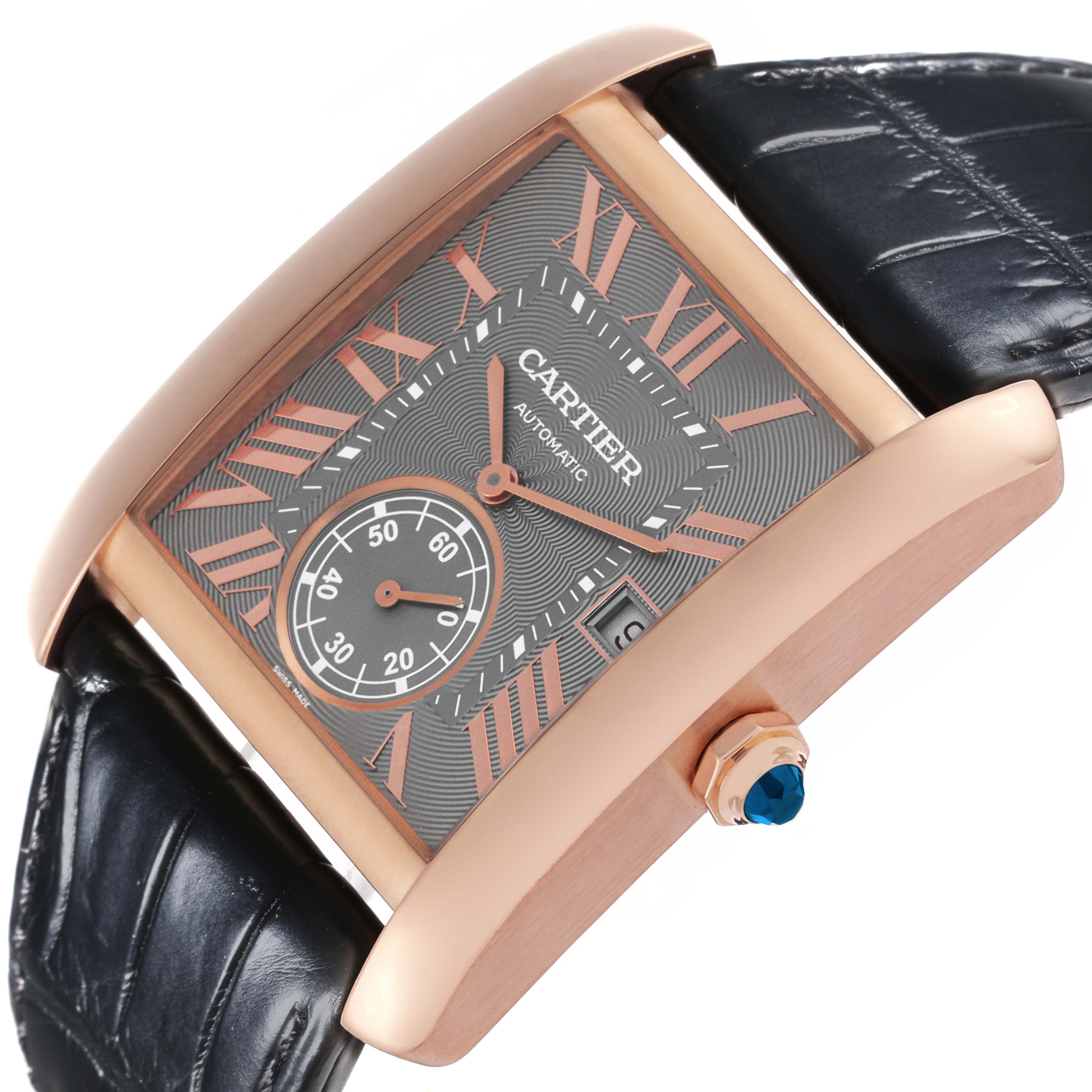 The Cartier Tank MC W5330002 Men's Rose Gold Grey Dial W5330002 Men's Rose Gold Grey Dial watch is shown at an angled close-up, highlighting the dial, hands, and sapphire-topped crown.