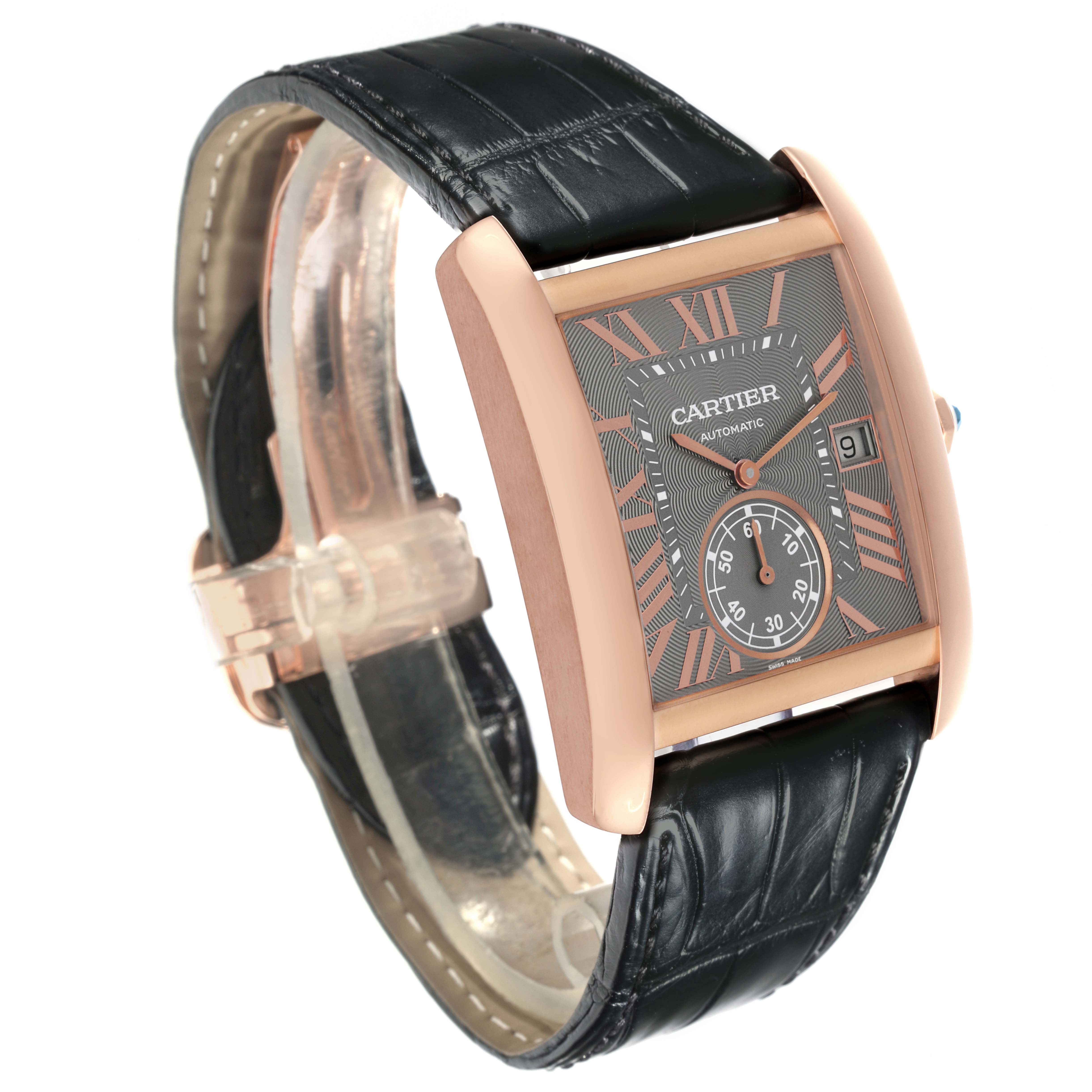 The Cartier Tank MC W5330002 Men's Rose Gold Grey Dial W5330002 Men's Rose Gold Grey Dial watch is shown at a three-quarter angle, revealing its face, strap, and clasp.