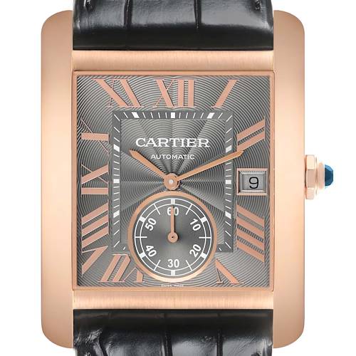 The Cartier Tank MC WGTA0014 Men's Rose Gold Grey Dial watch is shown from a front angle, displaying the dial, hands, and date window.